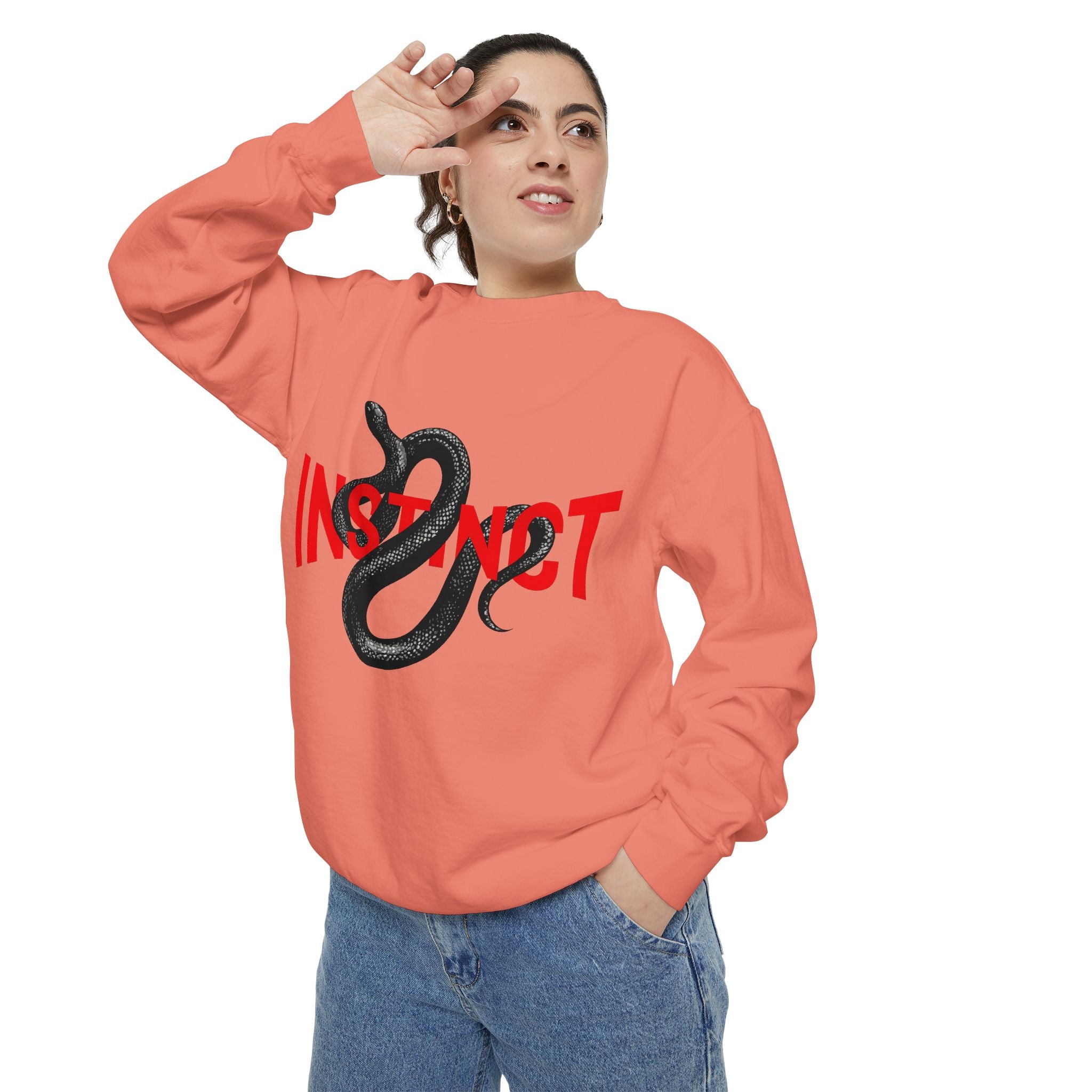Instinct Snake Sweatshirt — Graphic Crewneck with Bold Red Text