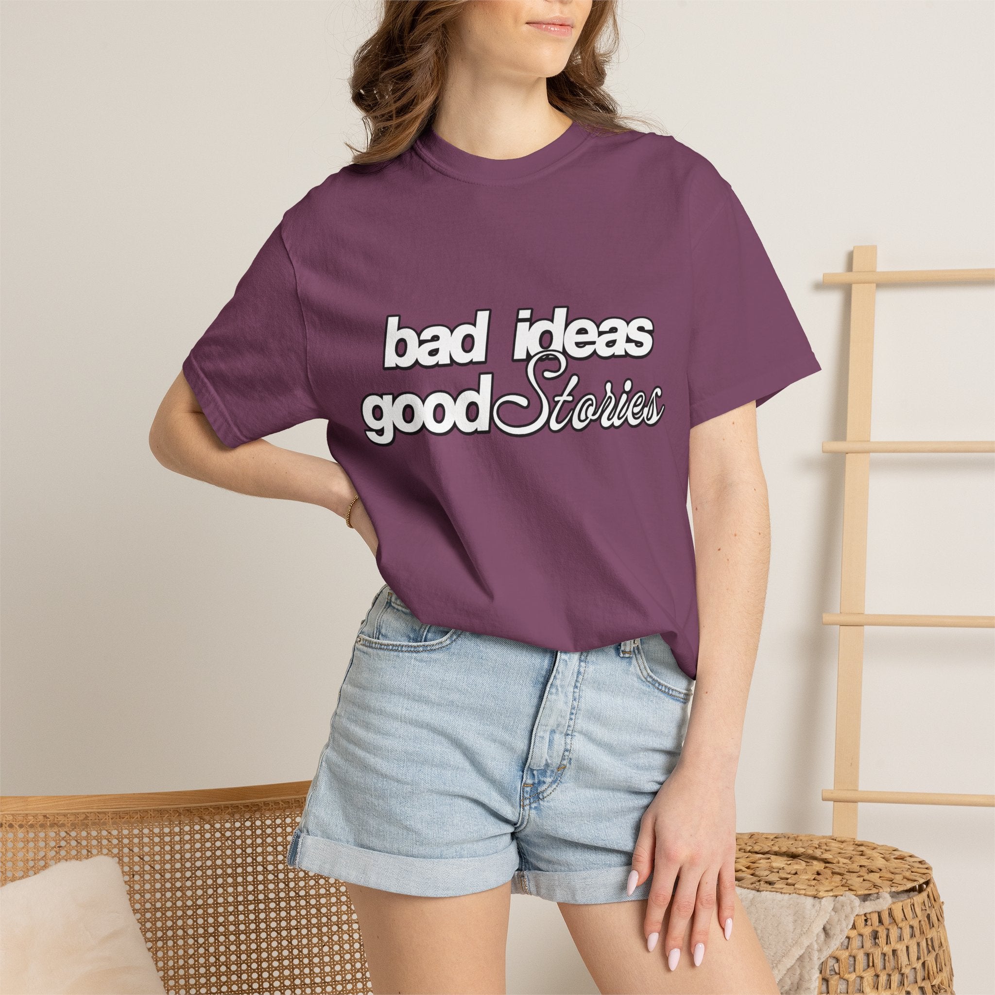 T-Shirt — “bad ideas good stories” Retro Script Tee