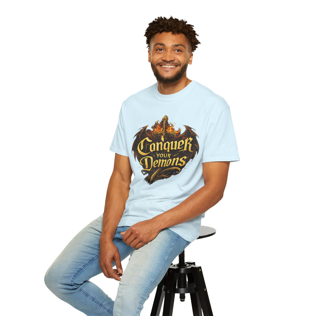 Conquer Your Demons T-Shirt — Gothic Sword & Flames Motivational Tee