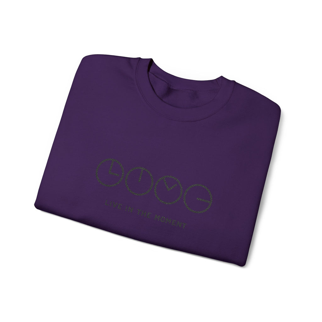 Live In The Moment Crewneck Sweatshirt — Minimal Clock Graphic Embroidered