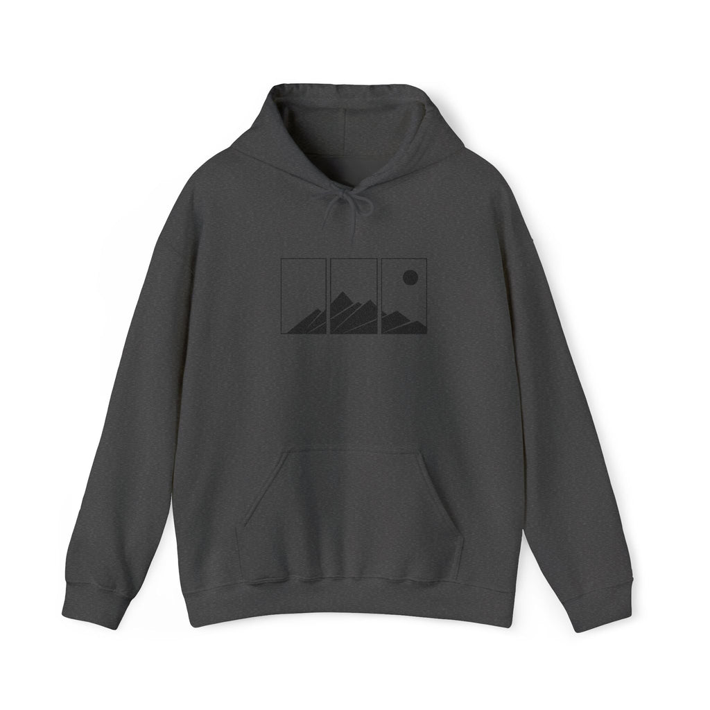 Mountain Triptych Hoodie — Minimalist Scenic Graphic Pullover Embroidered