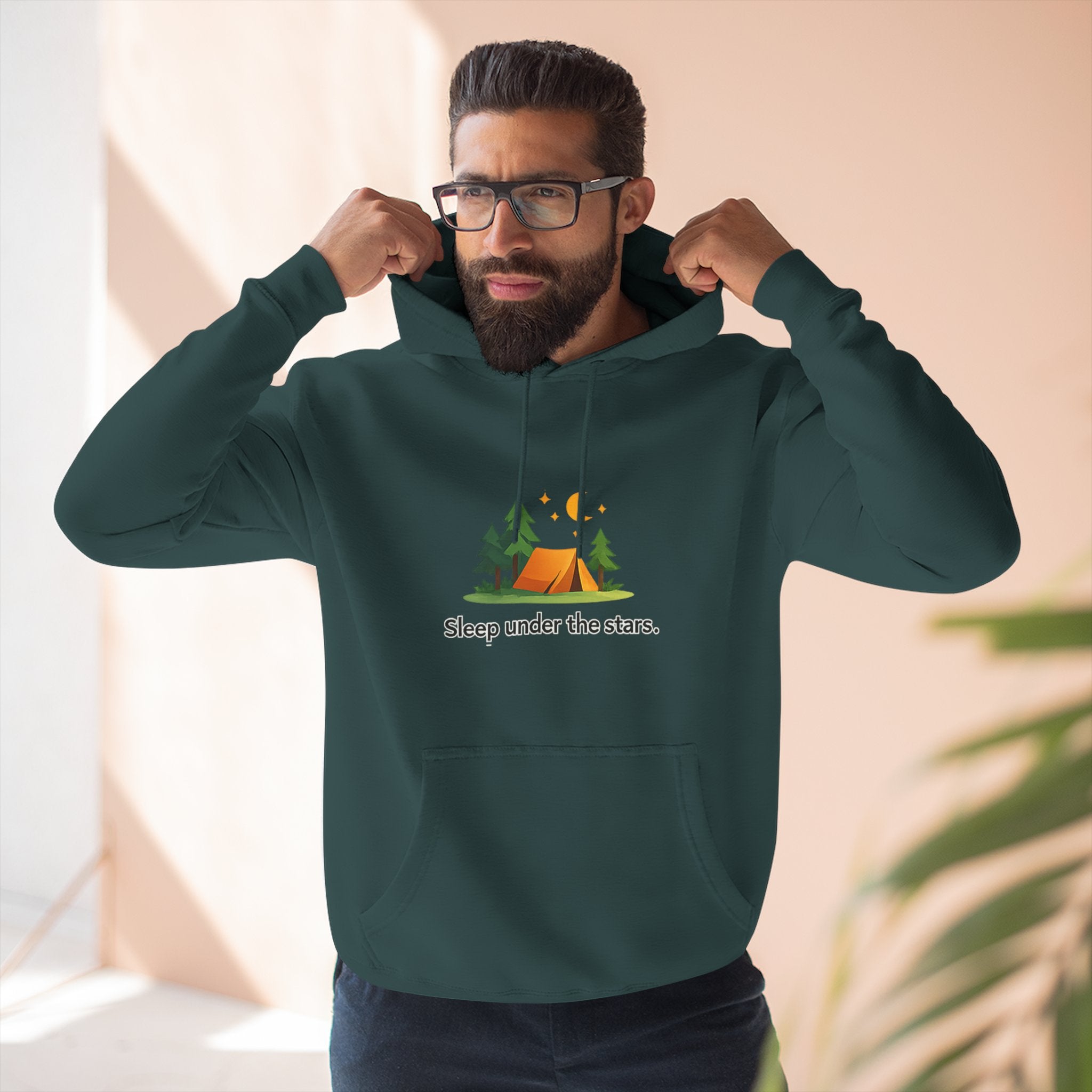 Camping Hoodie — "Sleep Under the Stars" Tent & Moon Graphic