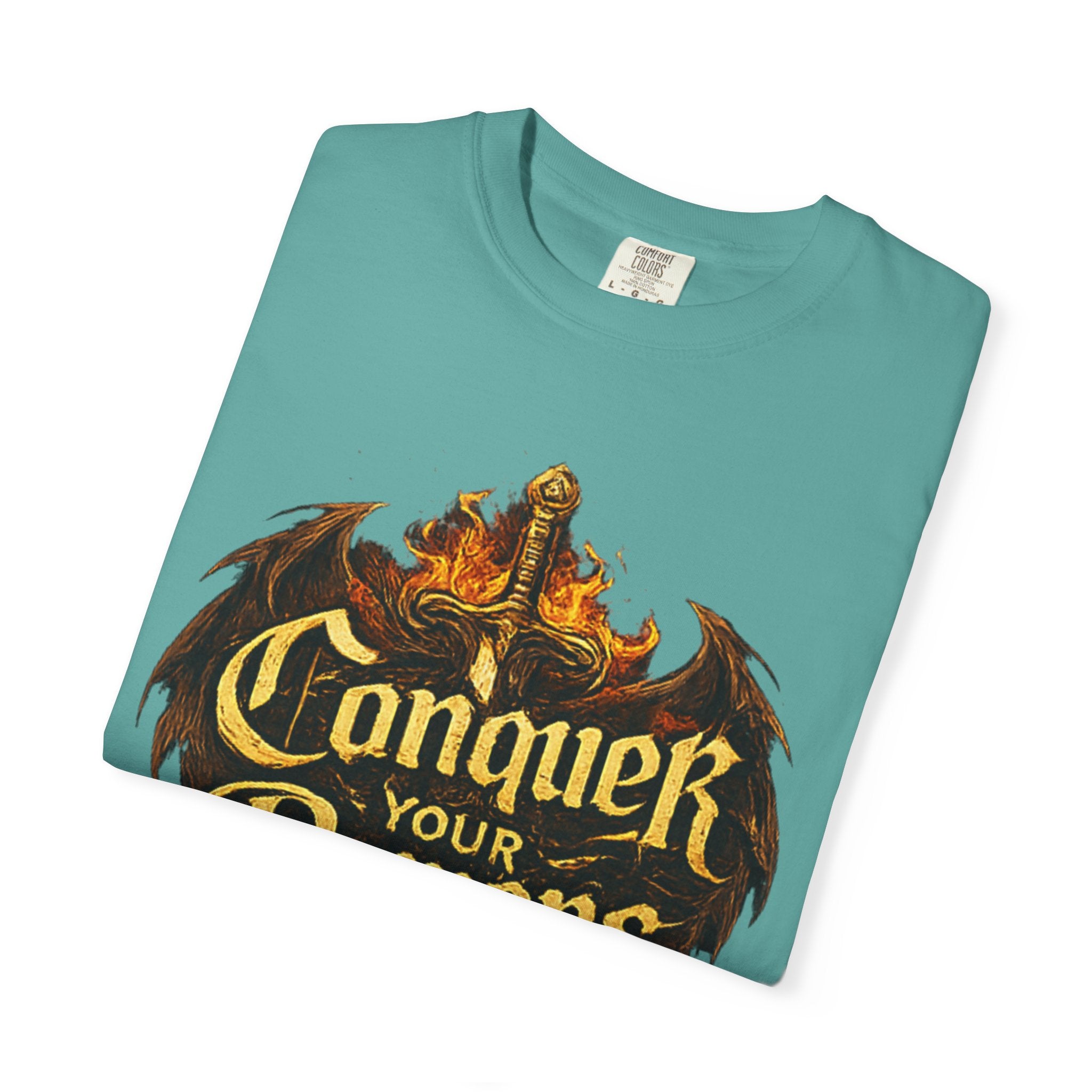 Conquer Your Demons T-Shirt — Gothic Sword & Flames Motivational Tee