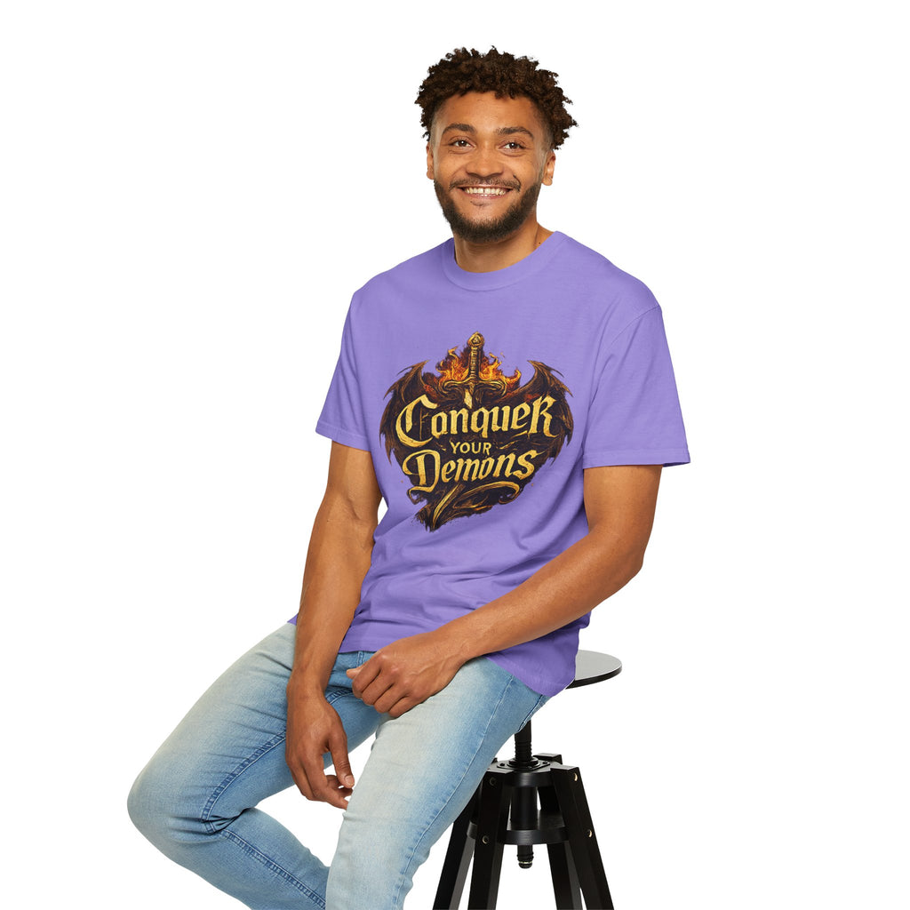 Conquer Your Demons T-Shirt — Gothic Sword & Flames Motivational Tee