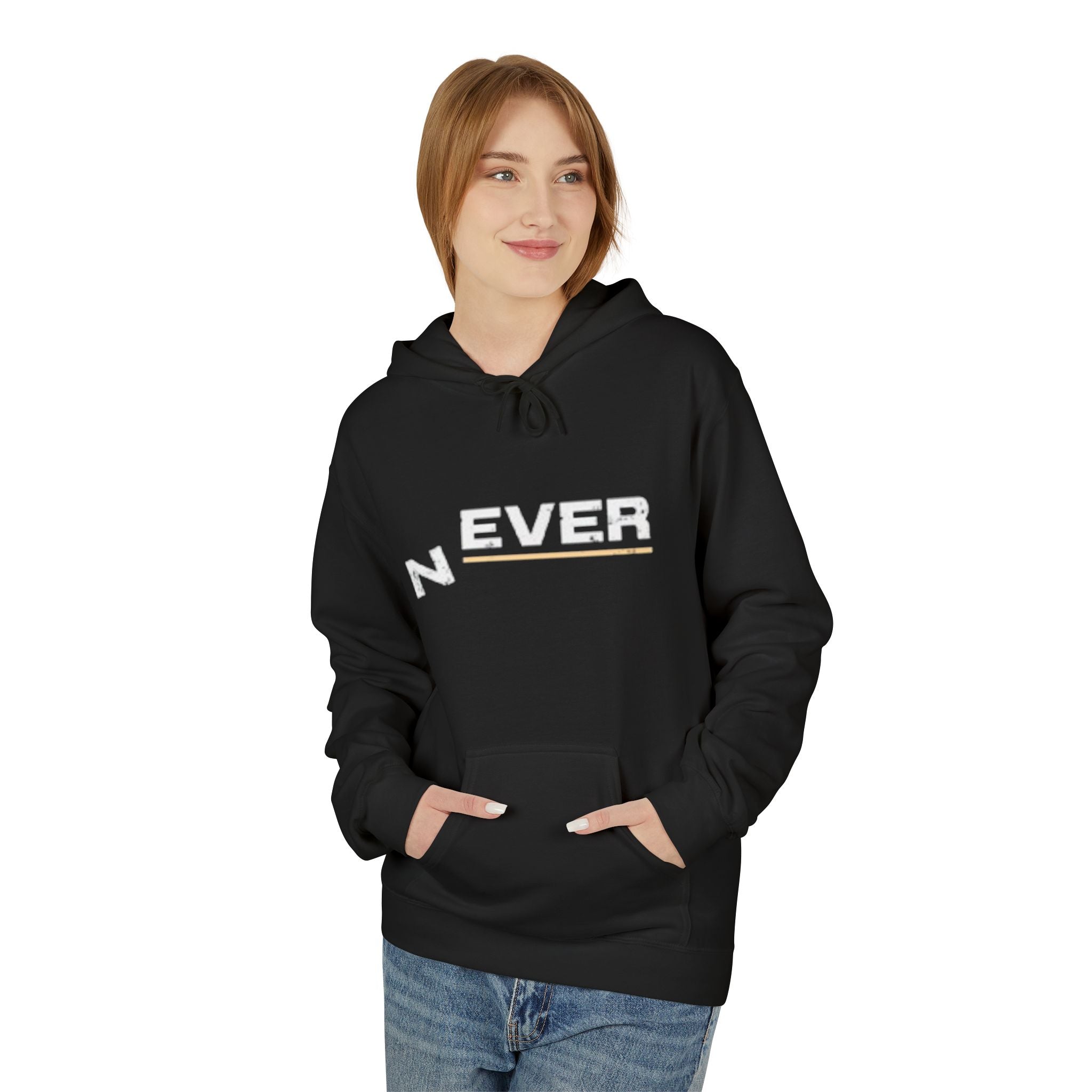 Never Typography Hoodie — Brown Casual Graphic Pullover