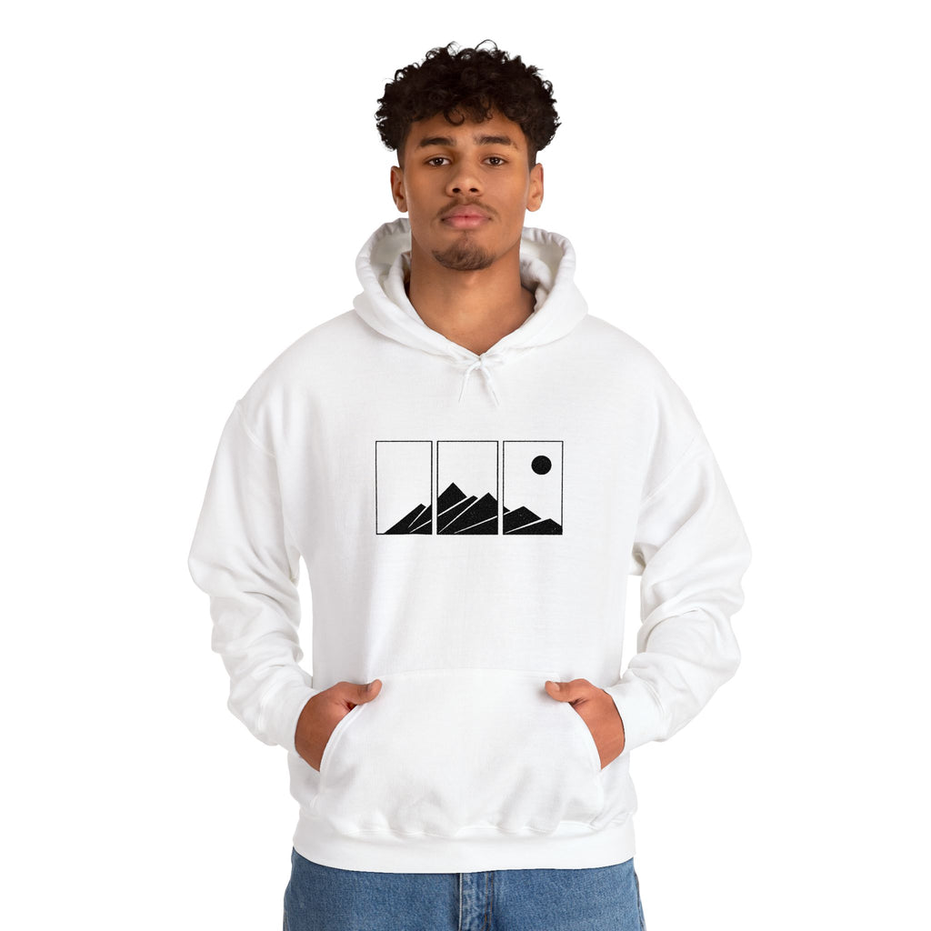 Mountain Triptych Hoodie — Minimalist Scenic Graphic Pullover Embroidered