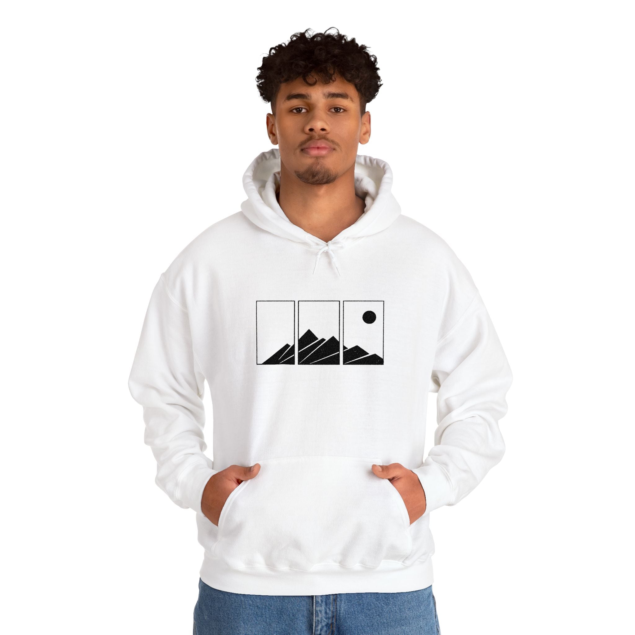 Mountain Triptych Hoodie — Minimalist Scenic Graphic Pullover Embroidered