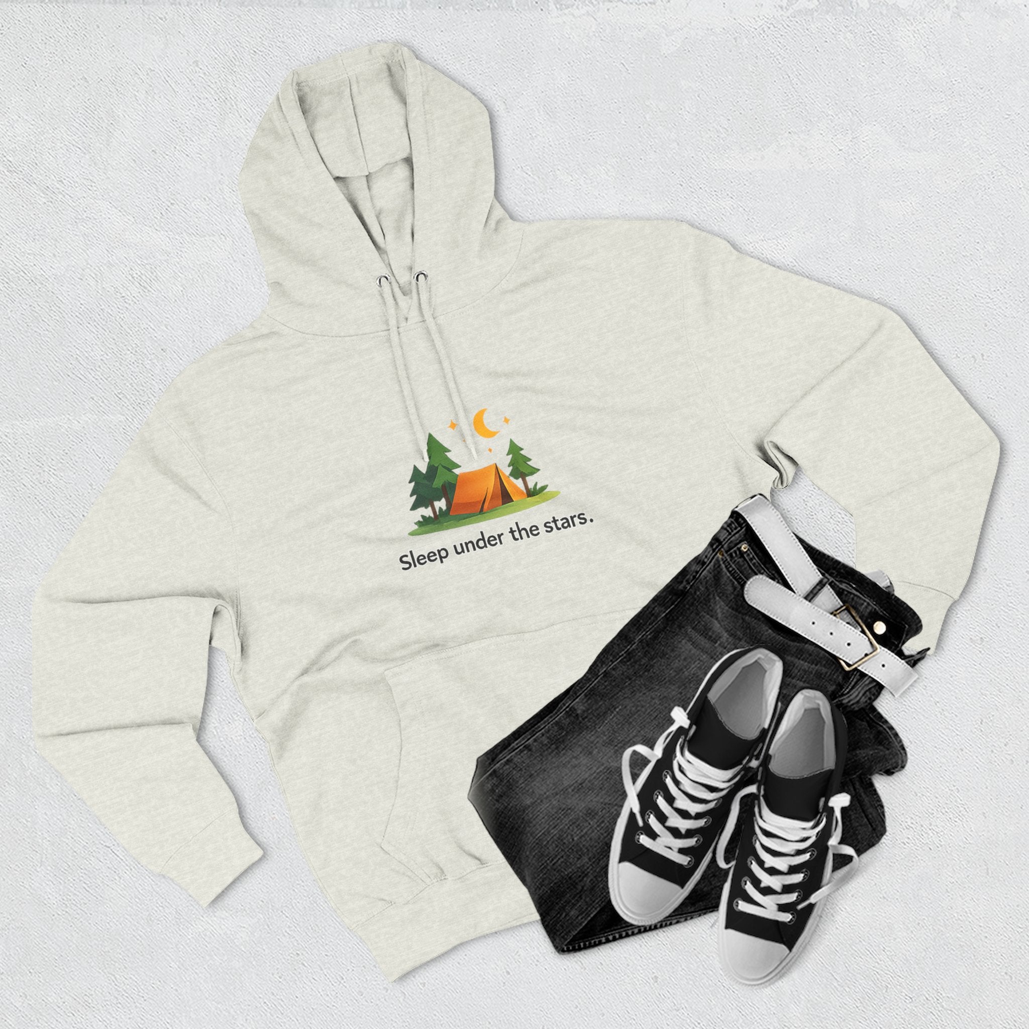 Camping Hoodie — "Sleep Under the Stars" Tent & Moon Graphic