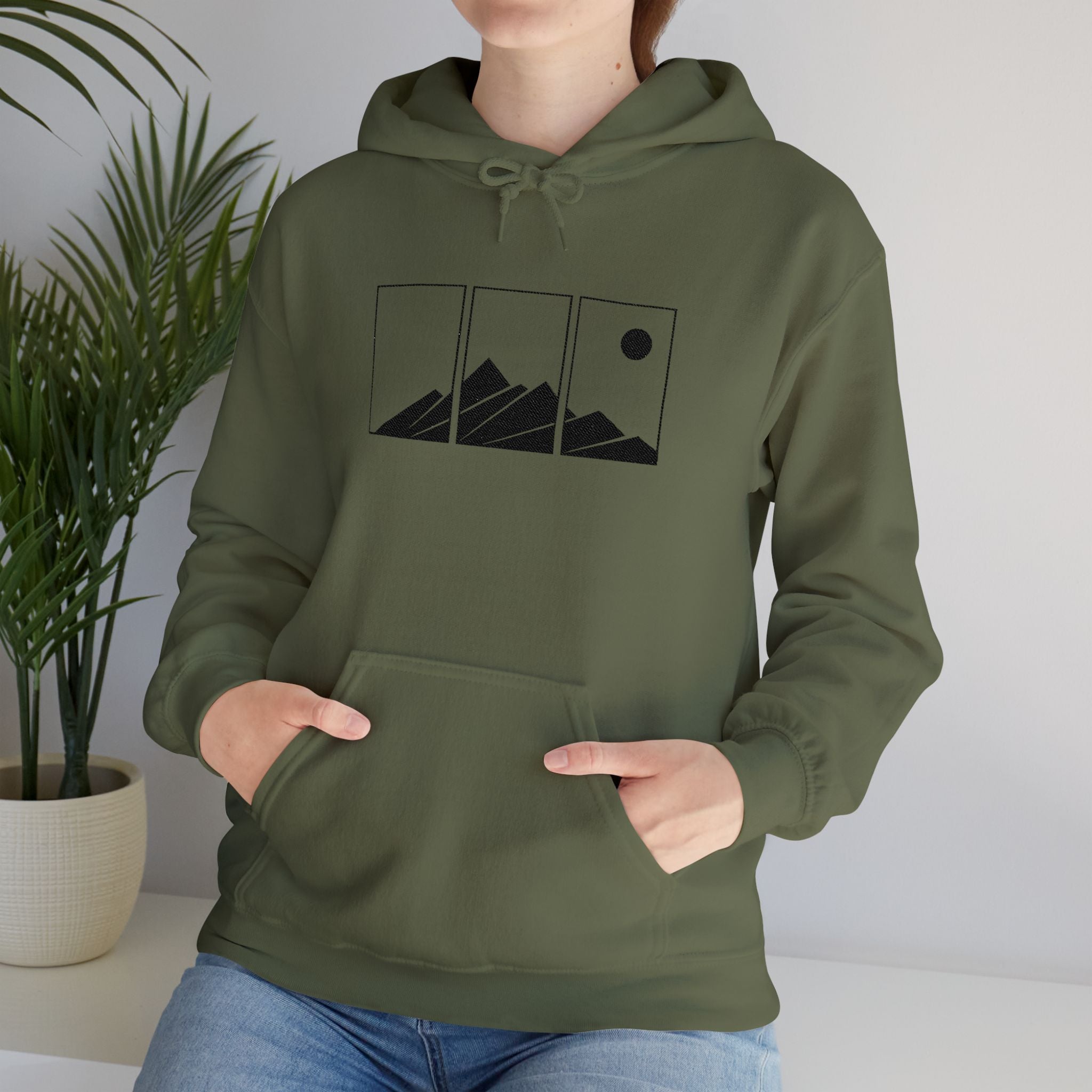Mountain Triptych Hoodie — Minimalist Scenic Graphic Pullover Embroidered