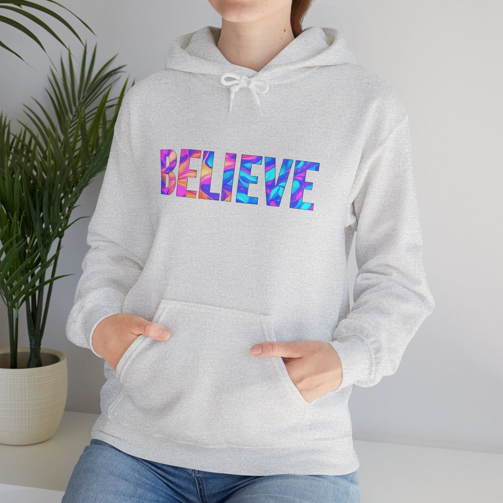 Believe in Yourself Hoodie — Colorful Watercolor Text Inspirational Sweatshirt