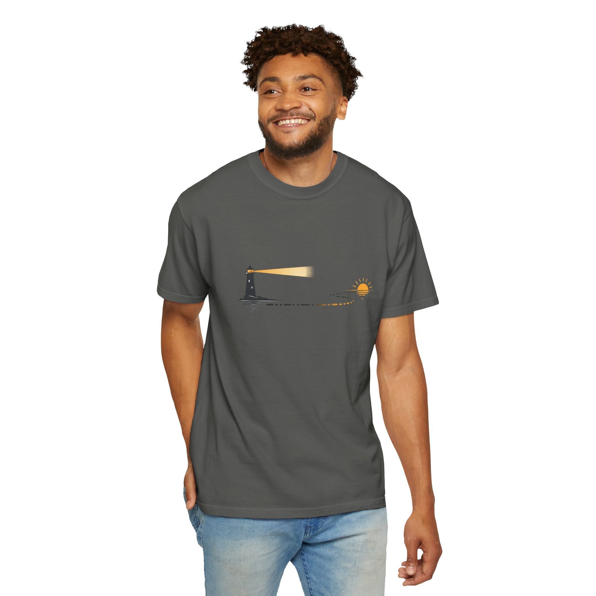 Lighthouse Sunset T-Shirt — Nautical Coastal Tee with Beacon Graphic