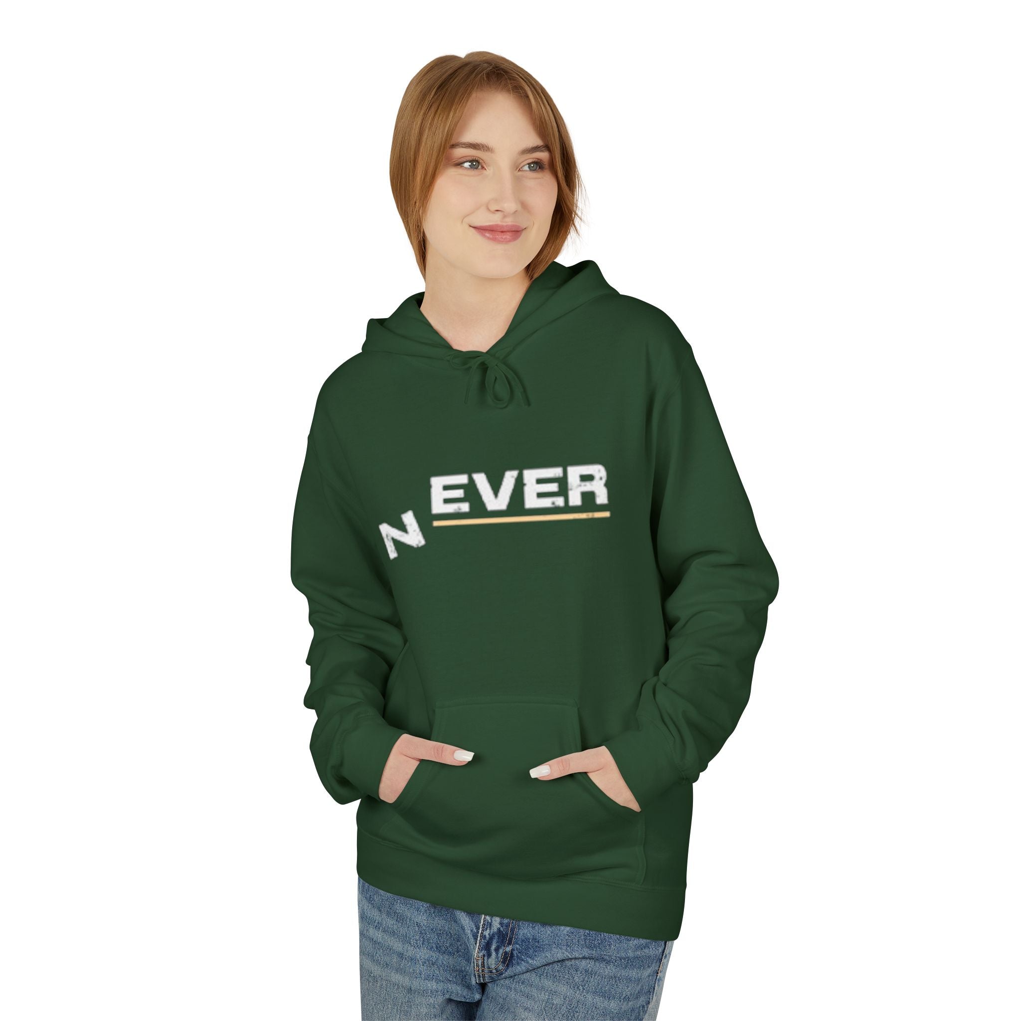 Never Typography Hoodie — Brown Casual Graphic Pullover