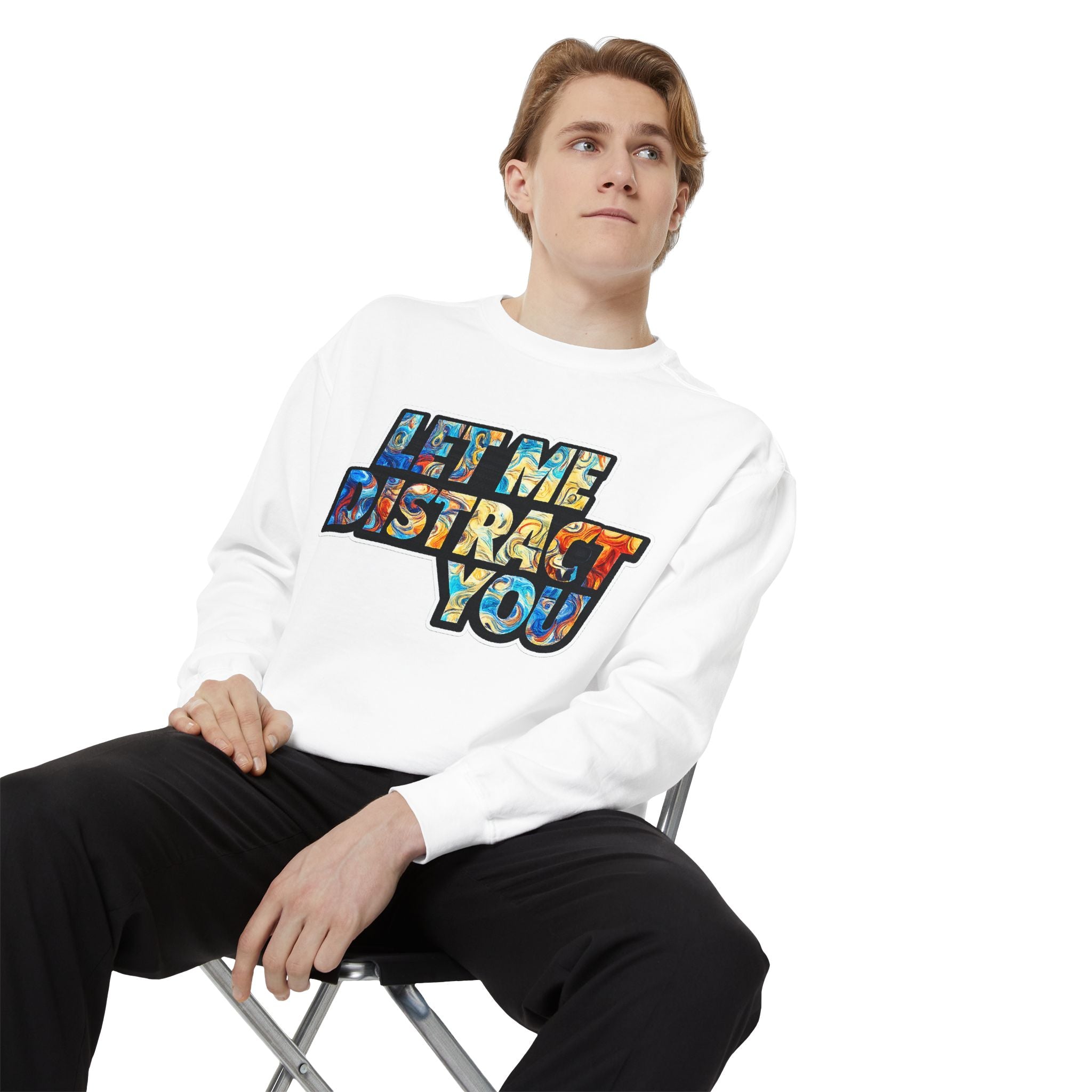 Let Me Distract You Sweatshirt — Colorful Retro Graphic Crewneck