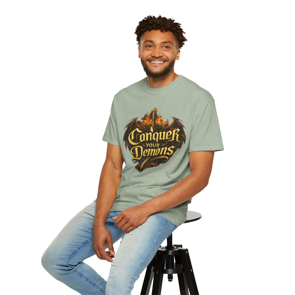 Conquer Your Demons T-Shirt — Gothic Sword & Flames Motivational Tee