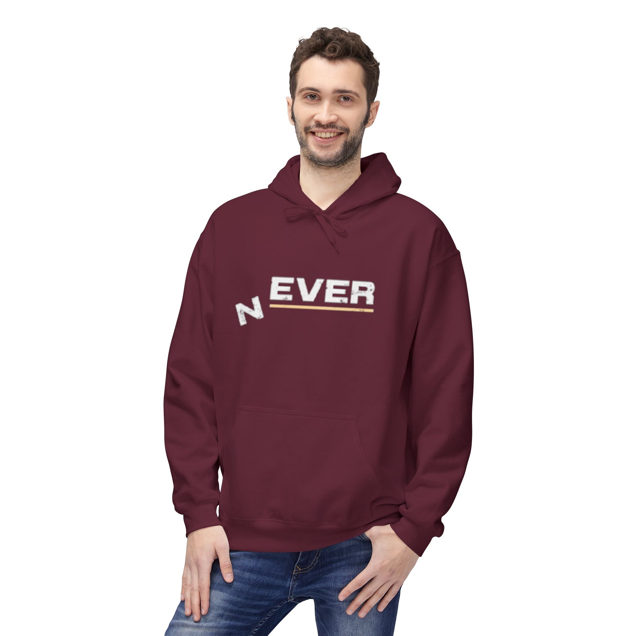 Never Typography Hoodie — Brown Casual Graphic Pullover