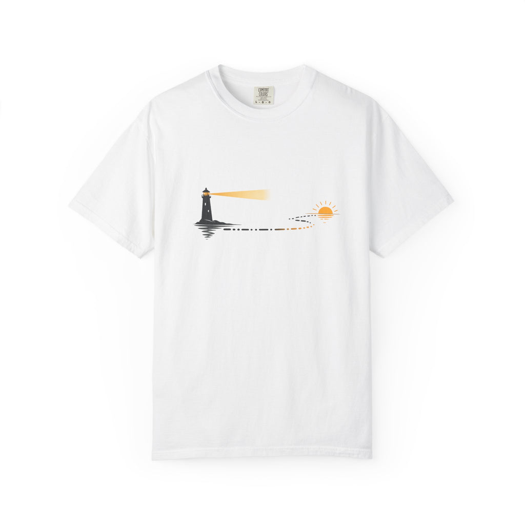 Lighthouse Sunset T-Shirt — Nautical Coastal Tee with Beacon Graphic