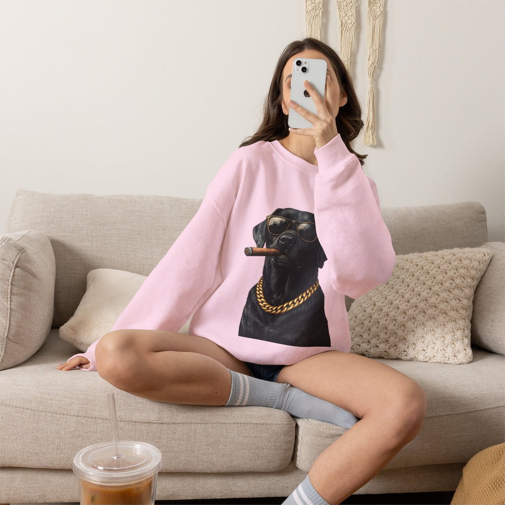 Cool Black Lab Crewneck Sweatshirt — Dog with Cigar & Gold Chain Graphic