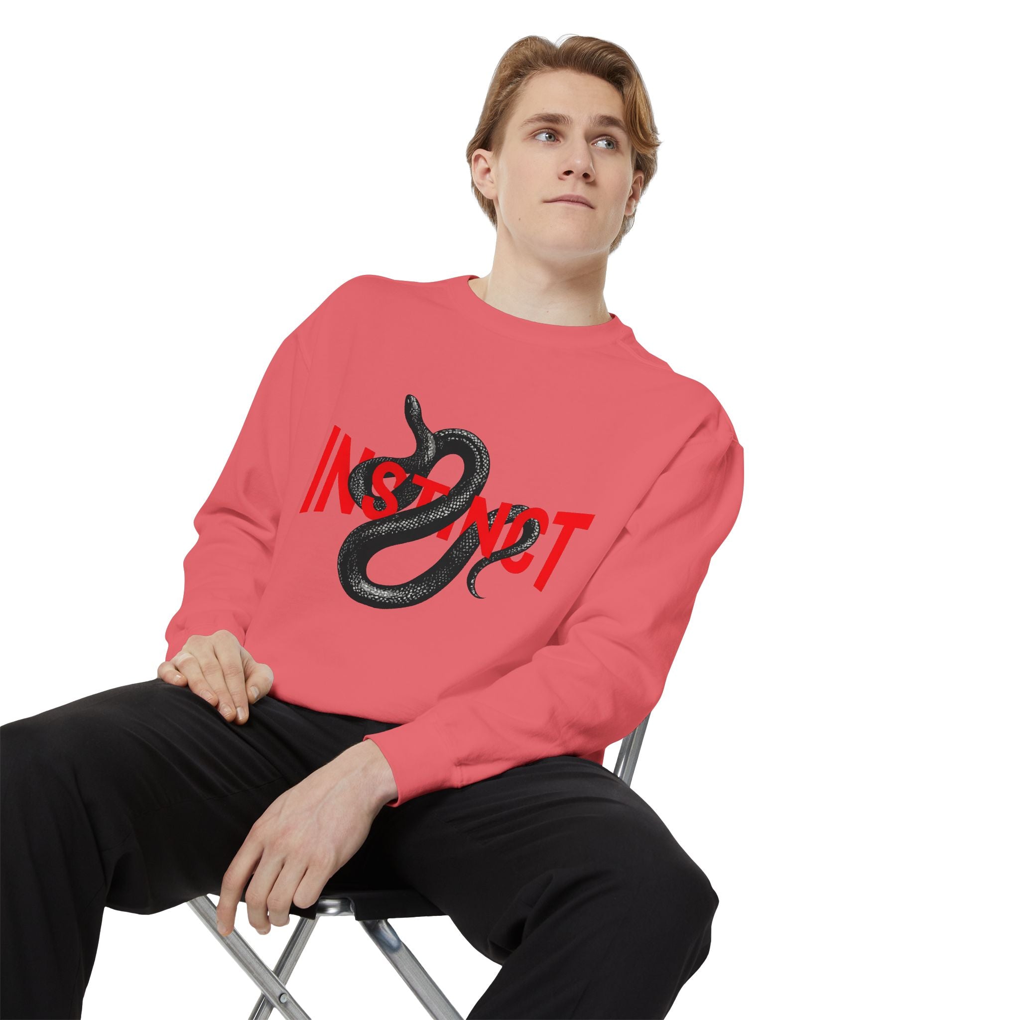 Instinct Snake Sweatshirt — Graphic Crewneck with Bold Red Text