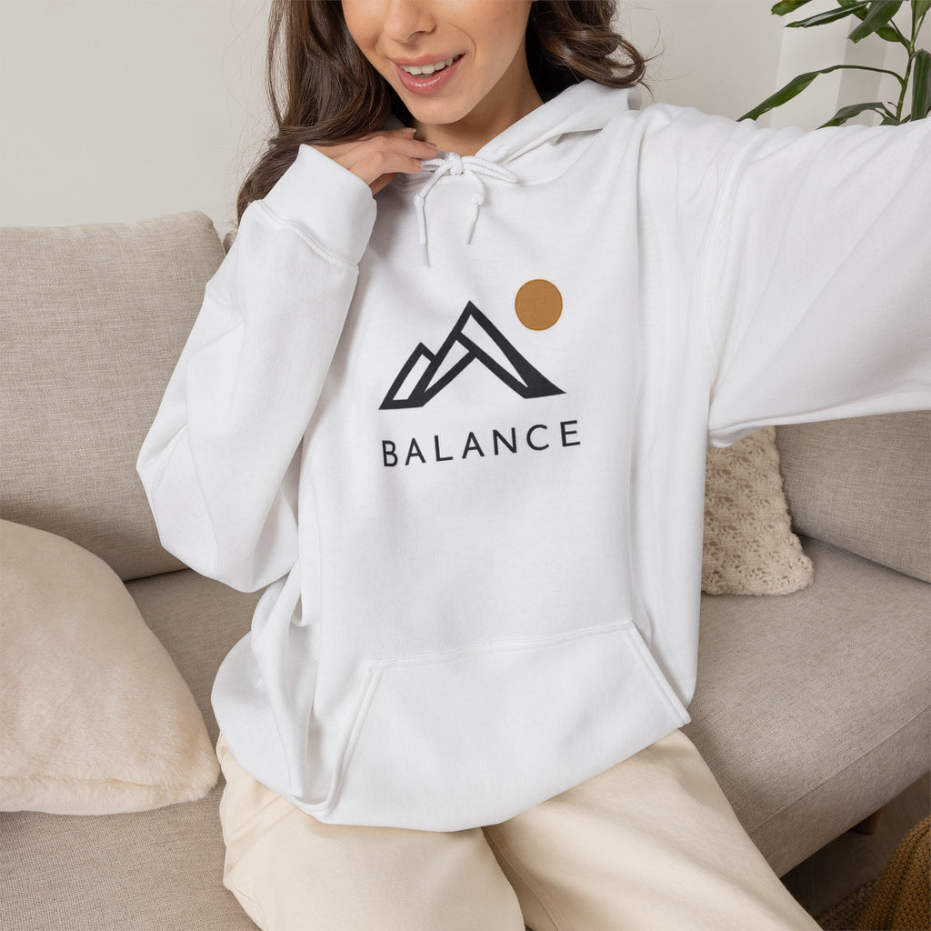 Balance Mountain Hoodie — Minimalist Sunrise Graphic Hooded Sweatshirt