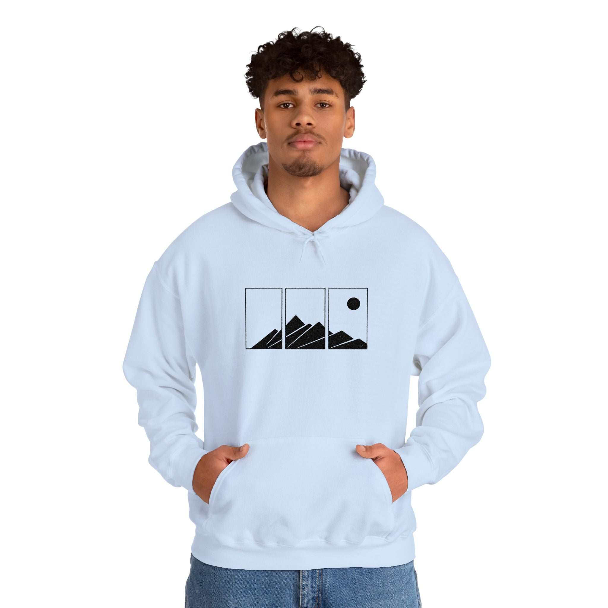 Mountain Triptych Hoodie — Minimalist Scenic Graphic Pullover Embroidered