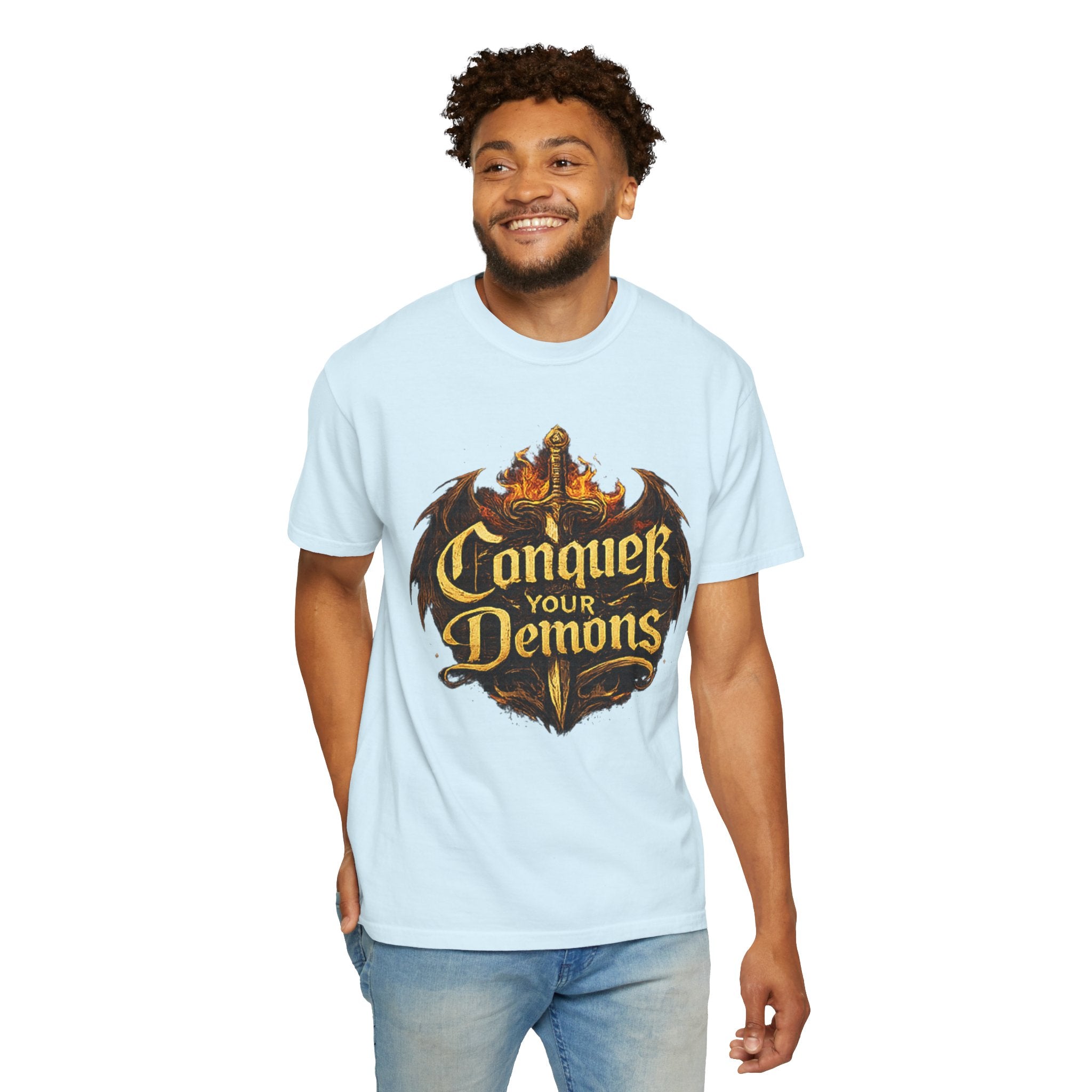 Conquer Your Demons T-Shirt — Gothic Sword & Flames Motivational Tee