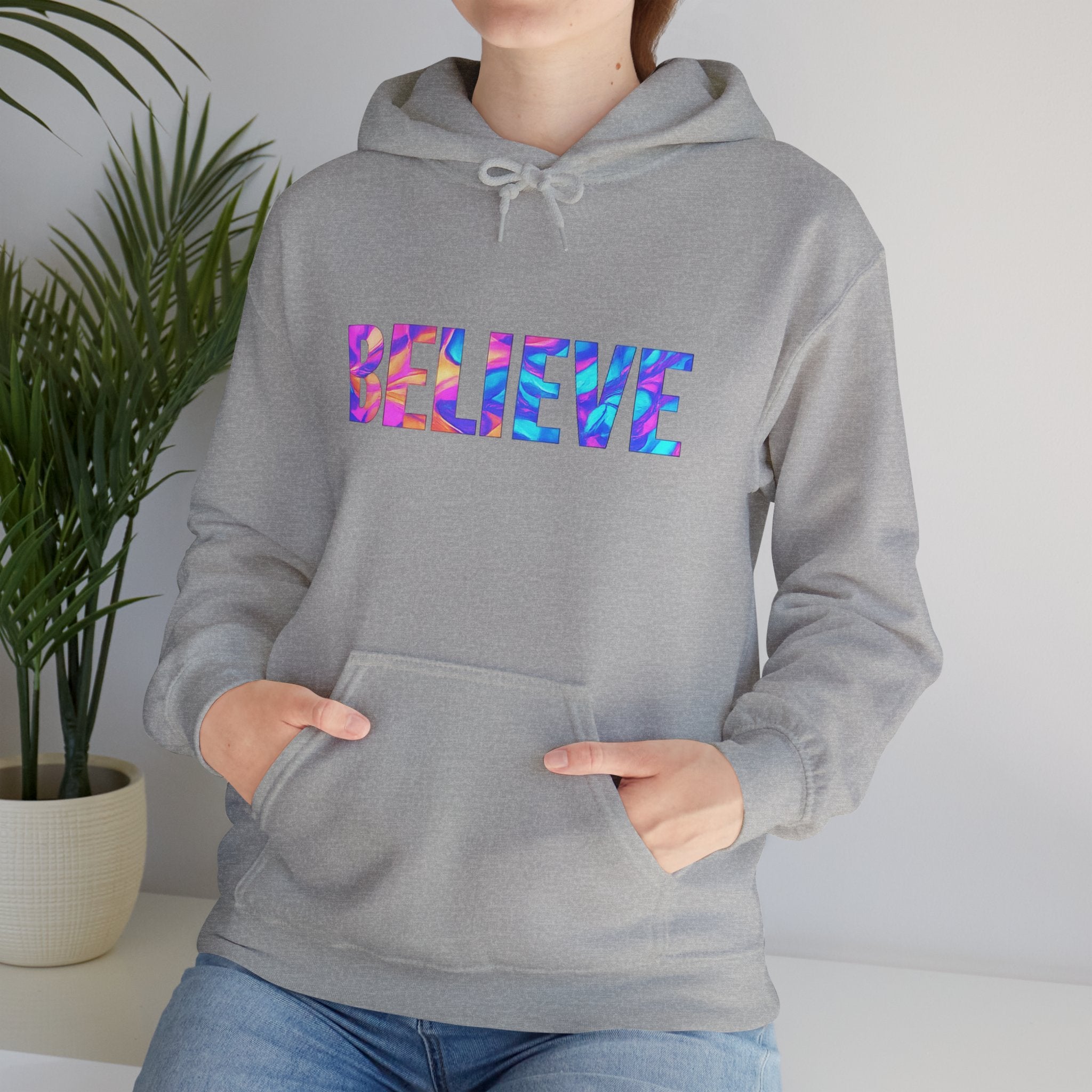 Believe in Yourself Hoodie — Colorful Watercolor Text Inspirational Sweatshirt