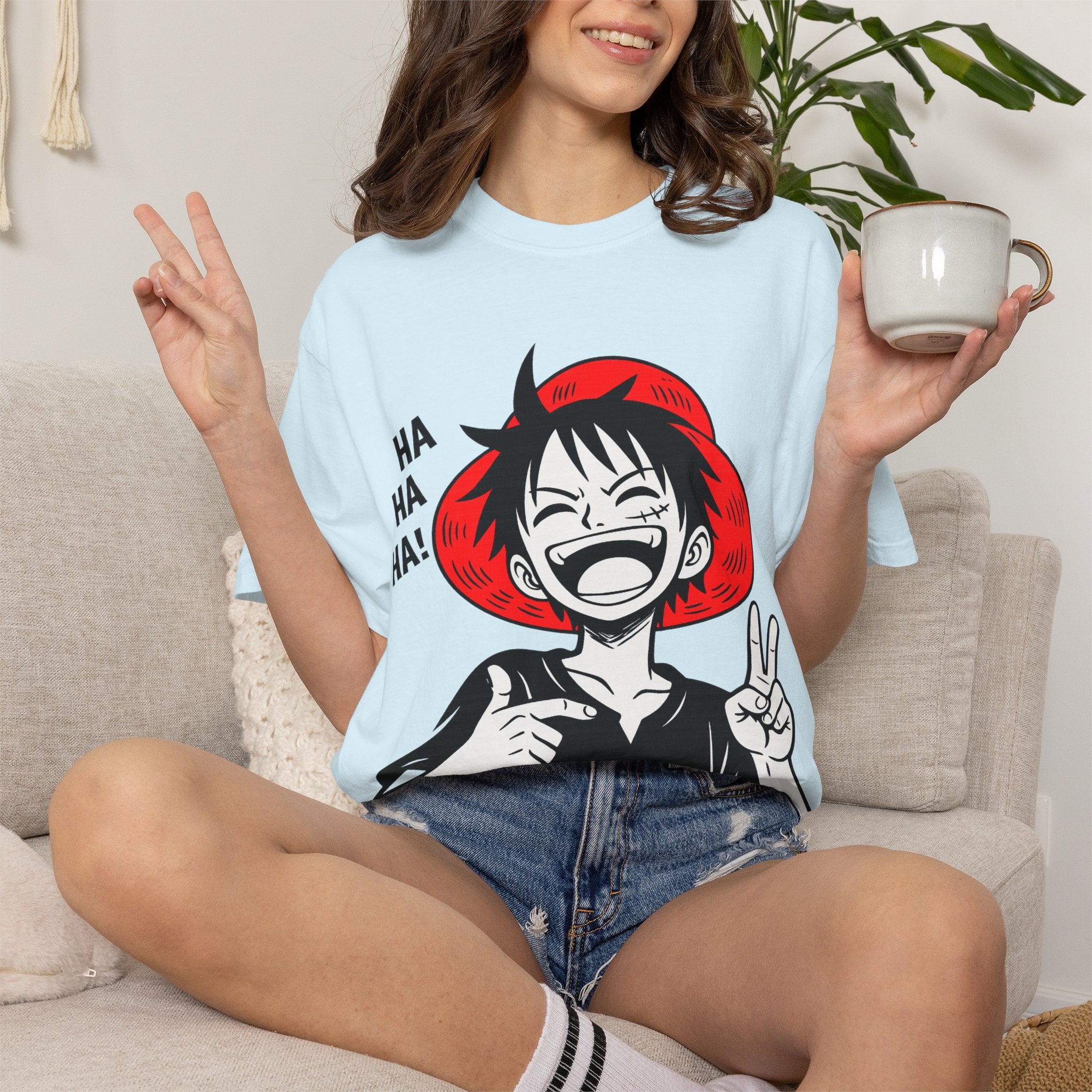Anime Luffy Laughing Graphic T-shirt - Monkey D. Luffy Peace Sign Tee