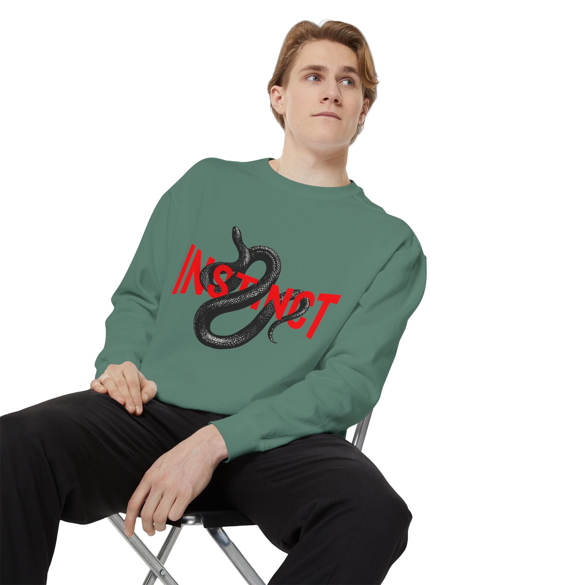 Instinct Snake Sweatshirt — Graphic Crewneck with Bold Red Text