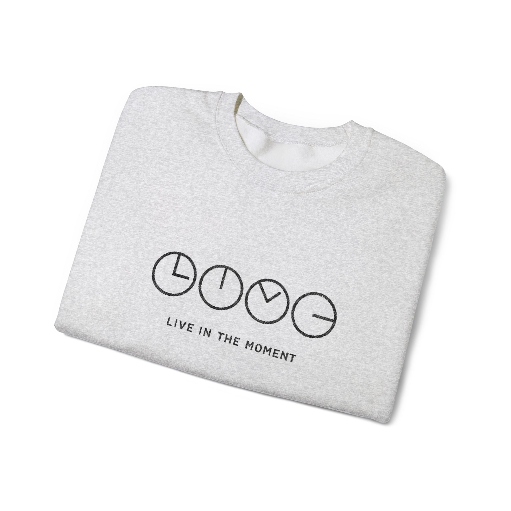 Live In The Moment Crewneck Sweatshirt — Minimal Clock Graphic Embroidered