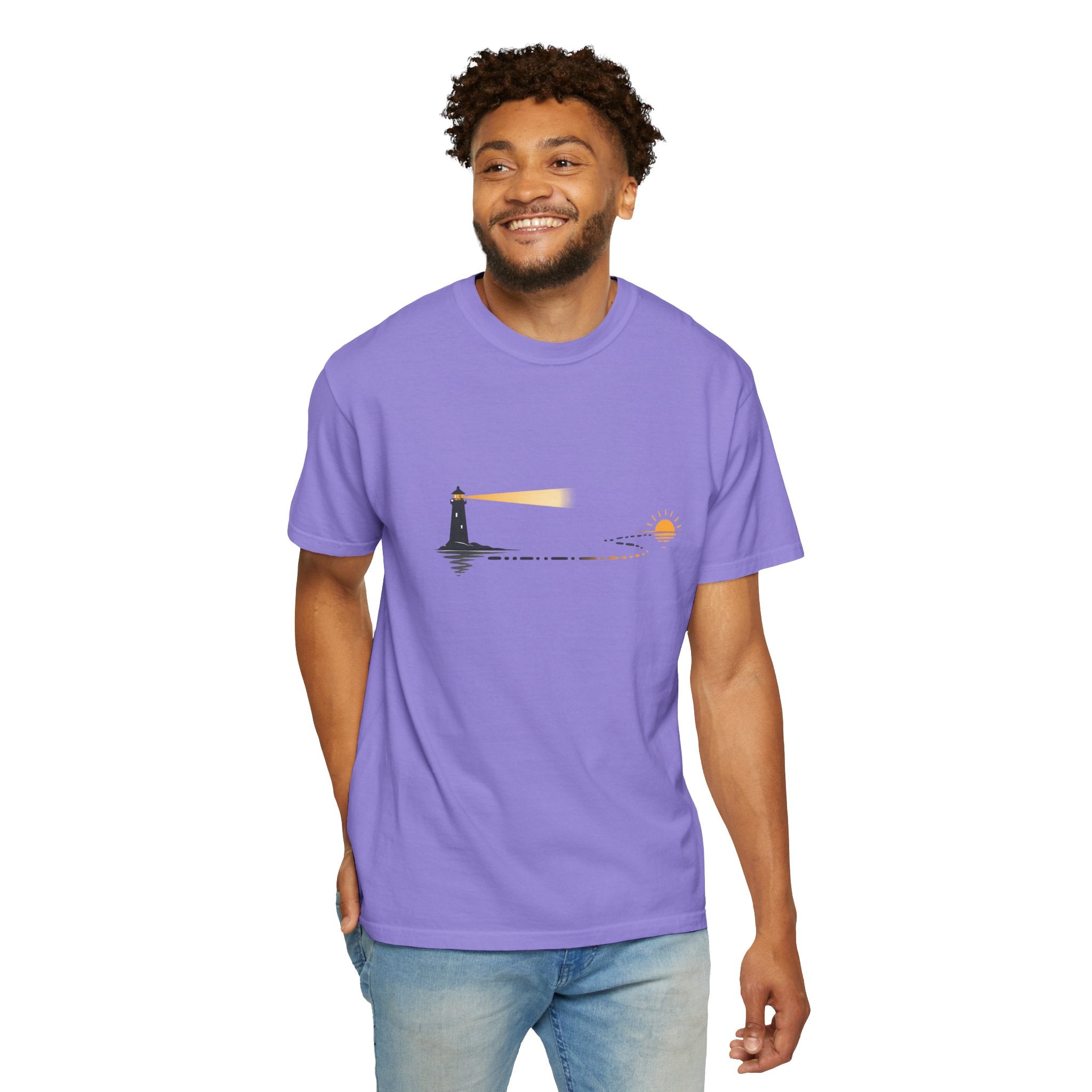 Lighthouse Sunset T-Shirt — Nautical Coastal Tee with Beacon Graphic