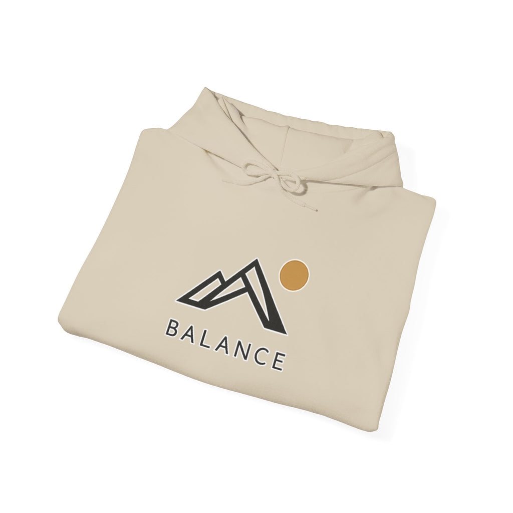 Balance Mountain Hoodie — Minimalist Sunrise Graphic Hooded Sweatshirt
