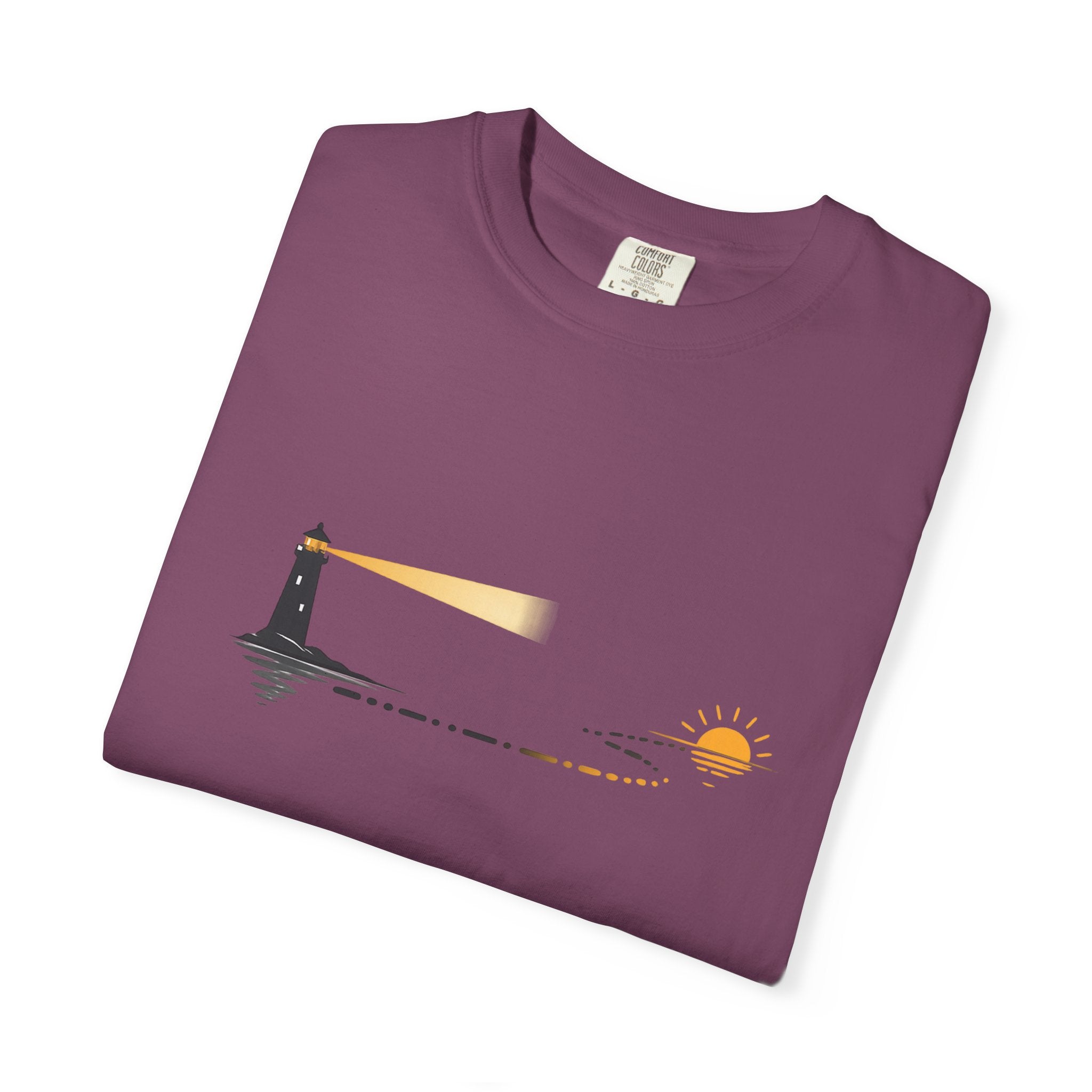 Lighthouse Sunset T-Shirt — Nautical Coastal Tee with Beacon Graphic