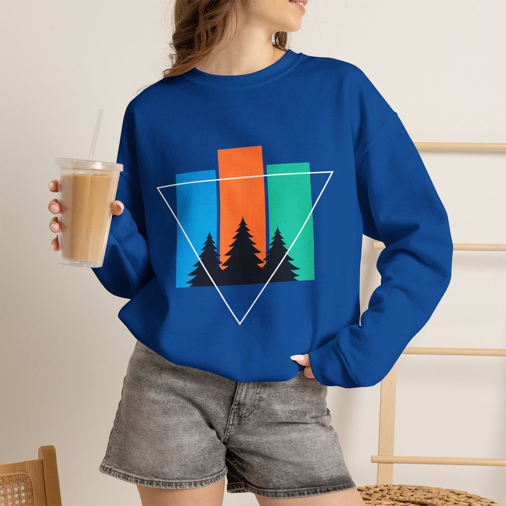 Retro Forest Crewneck Sweatshirt — Colorblock Trees Graphic