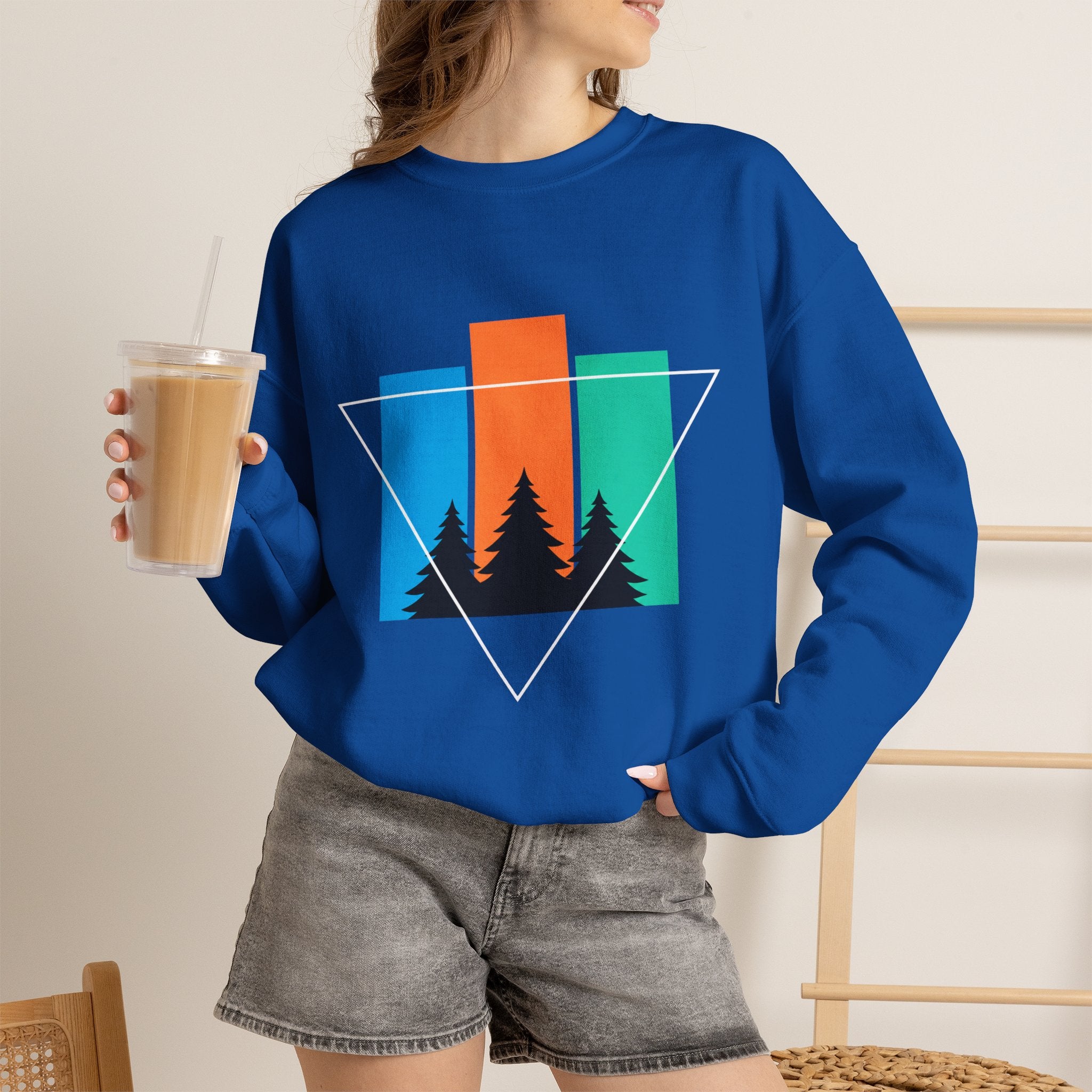 Retro Forest Crewneck Sweatshirt — Colorblock Trees Graphic