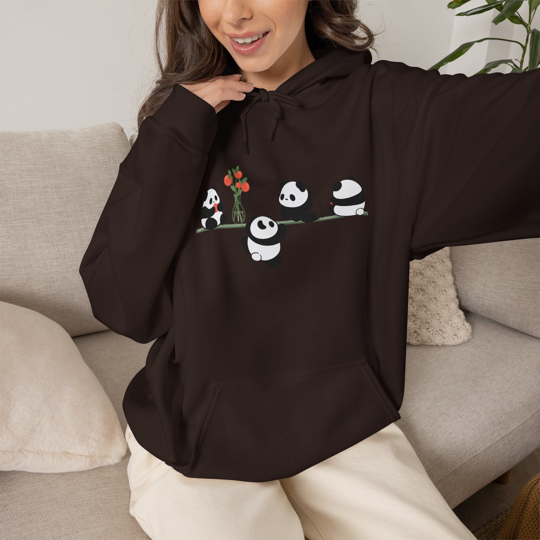 Pandas on a Line Hoodie — Cute Cartoon Pandas Holding Flower Pullover