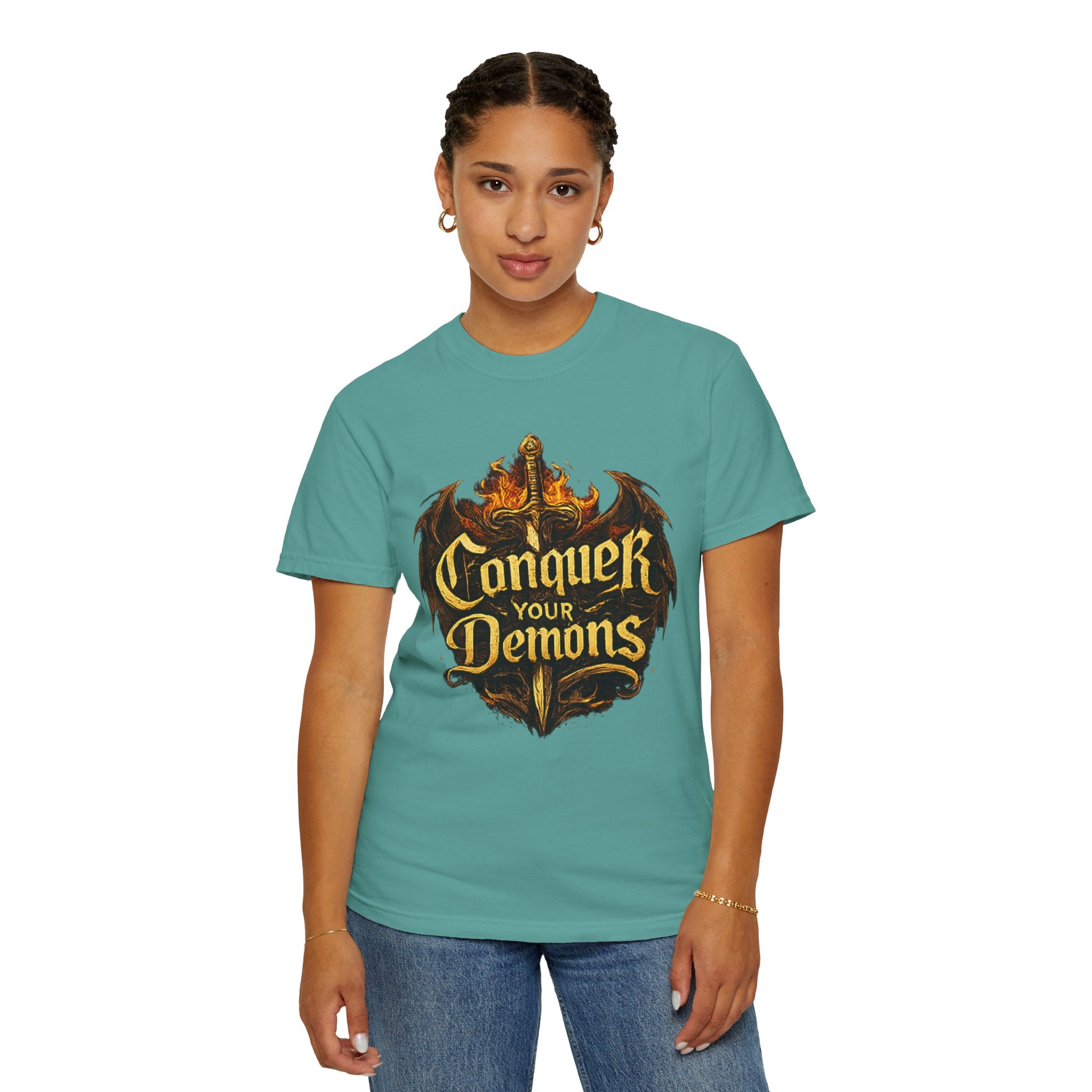 Conquer Your Demons T-Shirt — Gothic Sword & Flames Motivational Tee