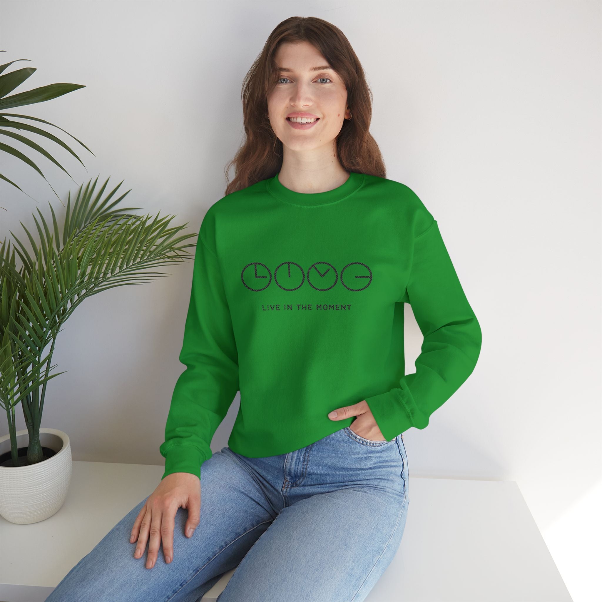 Live In The Moment Crewneck Sweatshirt — Minimal Clock Graphic Embroidered