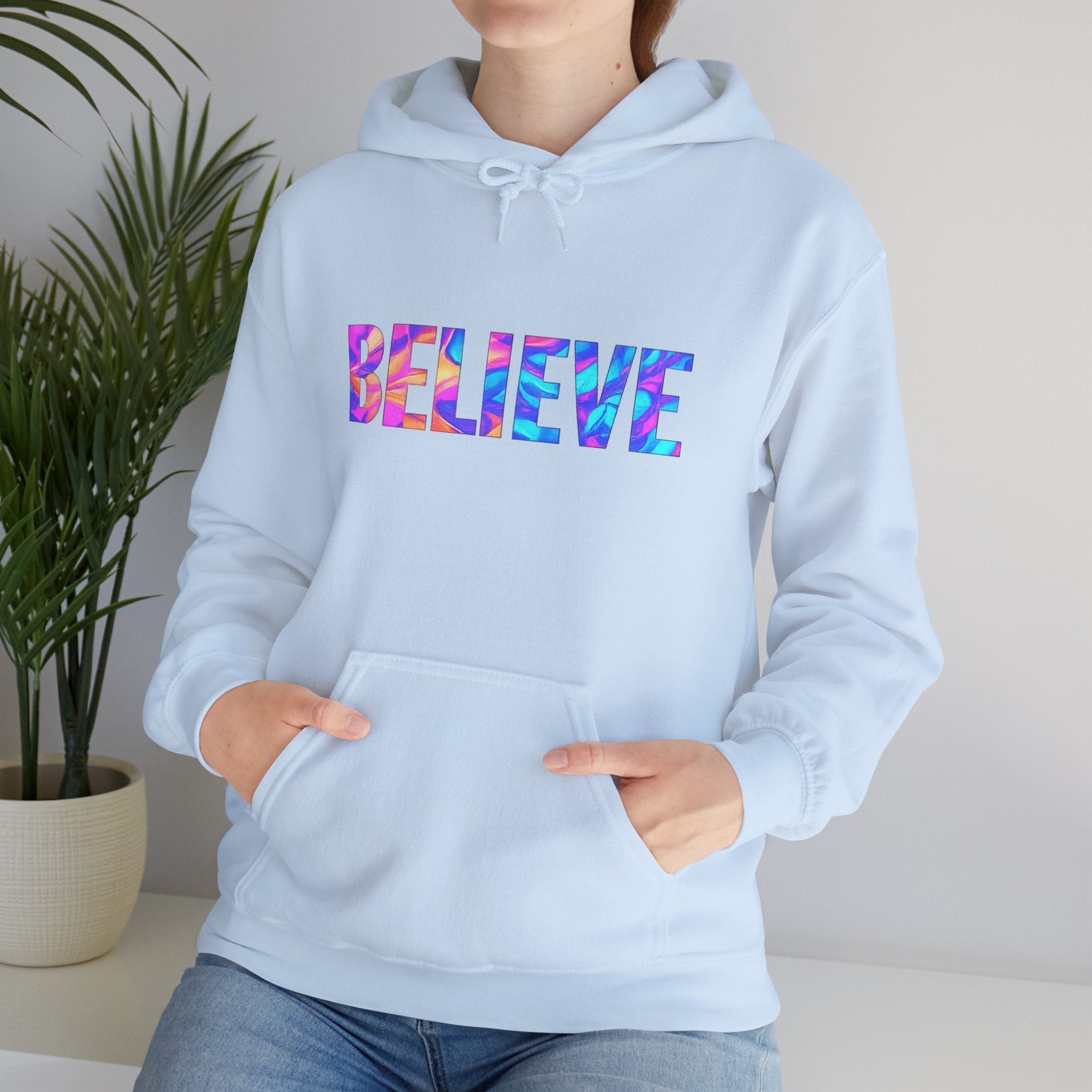 Believe in Yourself Hoodie — Colorful Watercolor Text Inspirational Sweatshirt