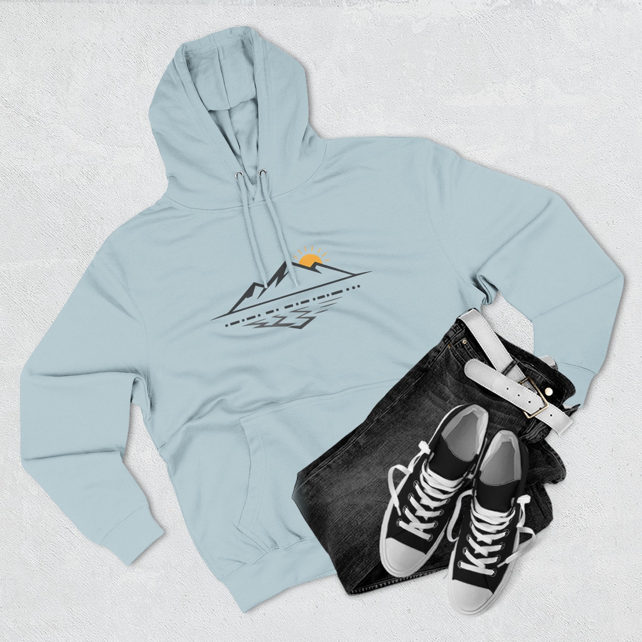 Mountain Sunrise Hoodie — Minimal Outdoor Graphic Pullover
