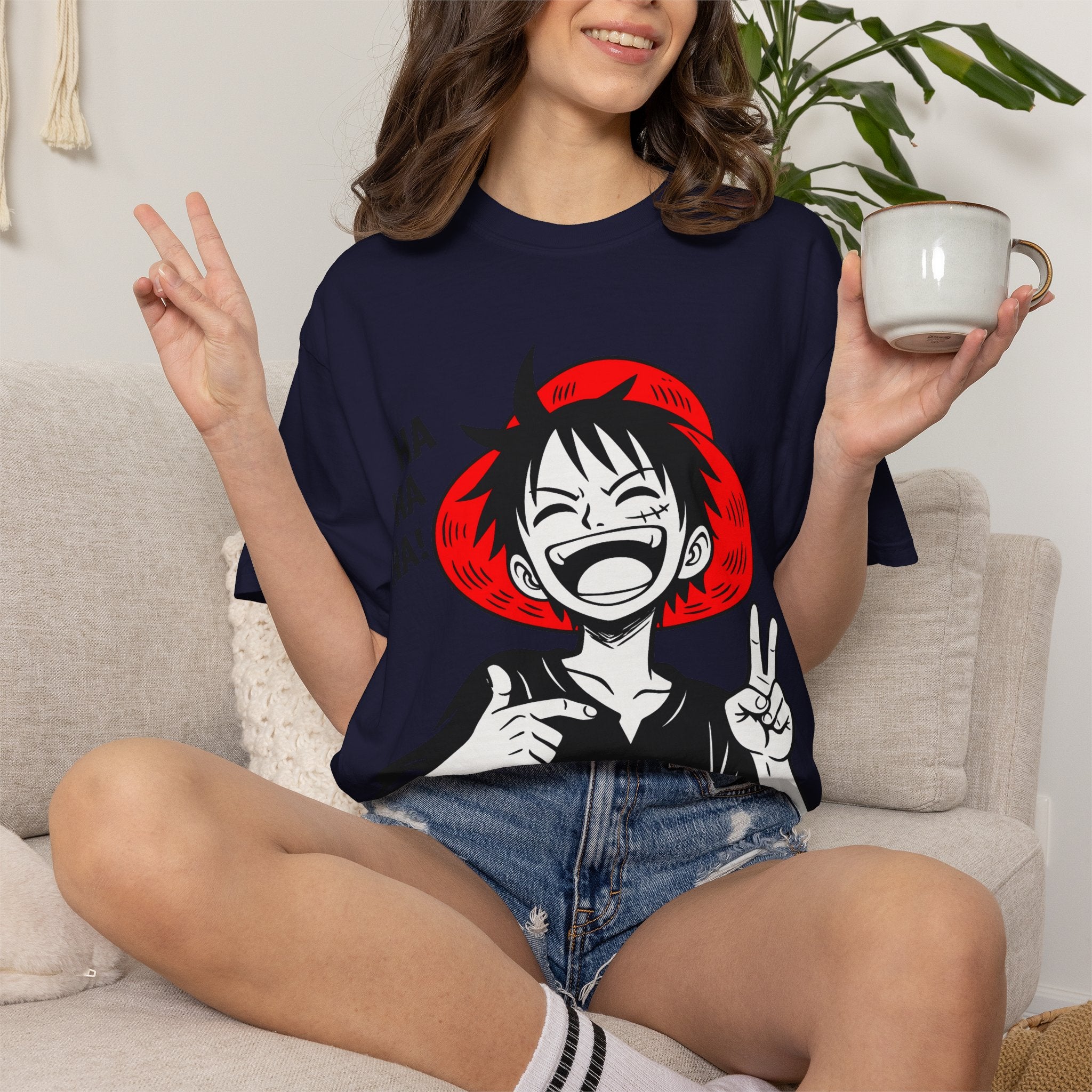 Anime Luffy Laughing Graphic T-shirt - Monkey D. Luffy Peace Sign Tee