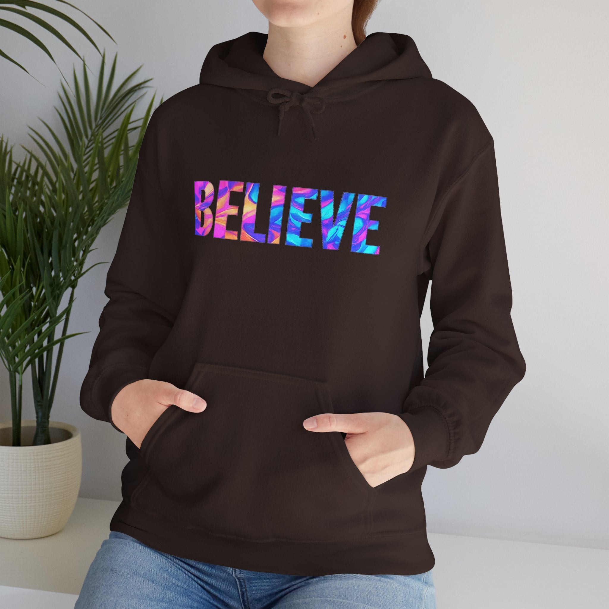 Believe in Yourself Hoodie — Colorful Watercolor Text Inspirational Sweatshirt