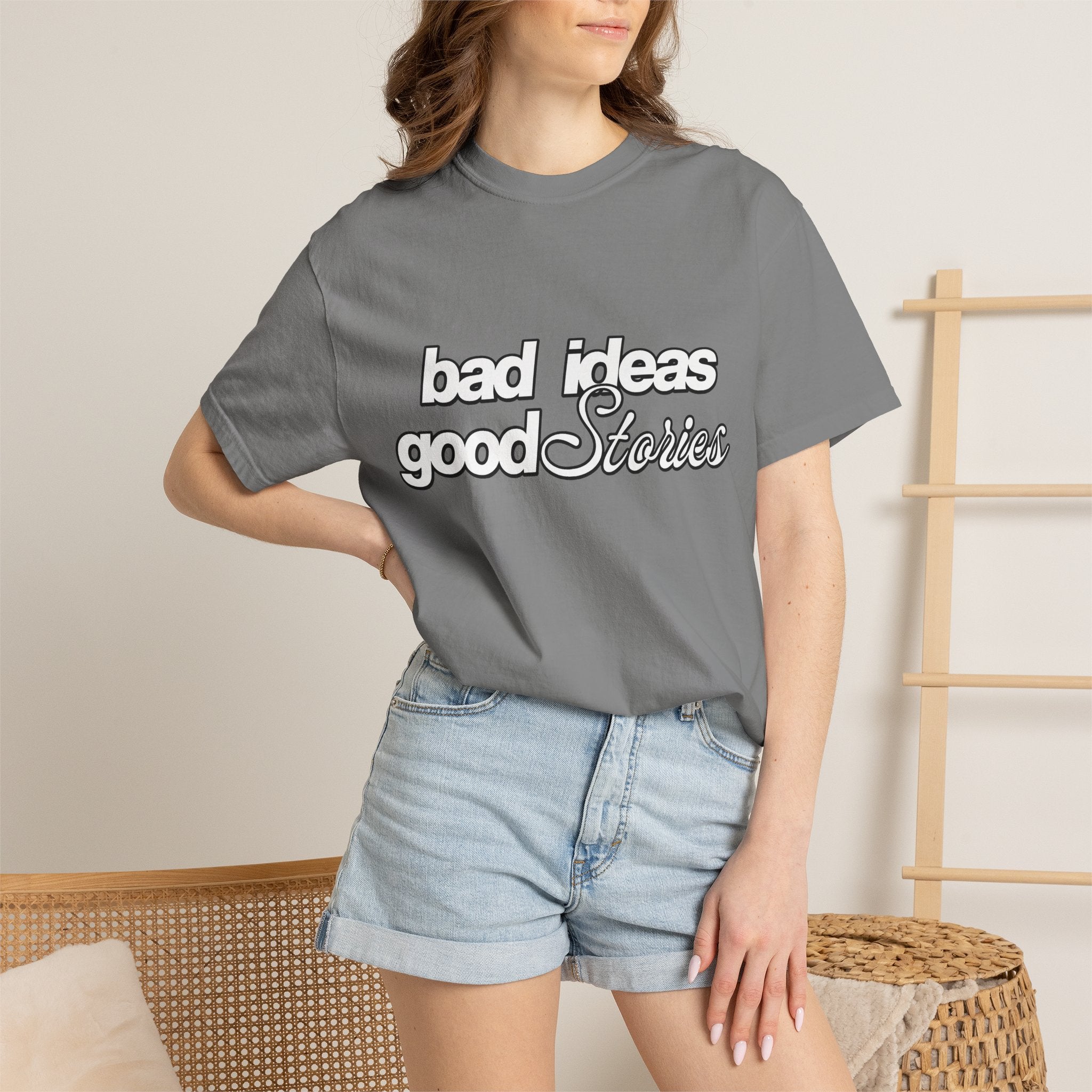 T-Shirt — “bad ideas good stories” Retro Script Tee