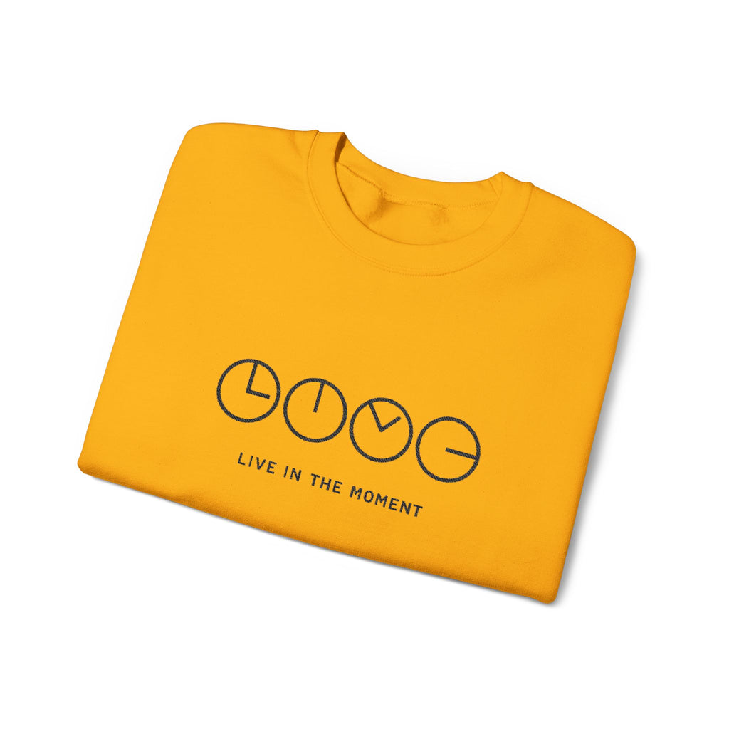 Live In The Moment Crewneck Sweatshirt — Minimal Clock Graphic Embroidered