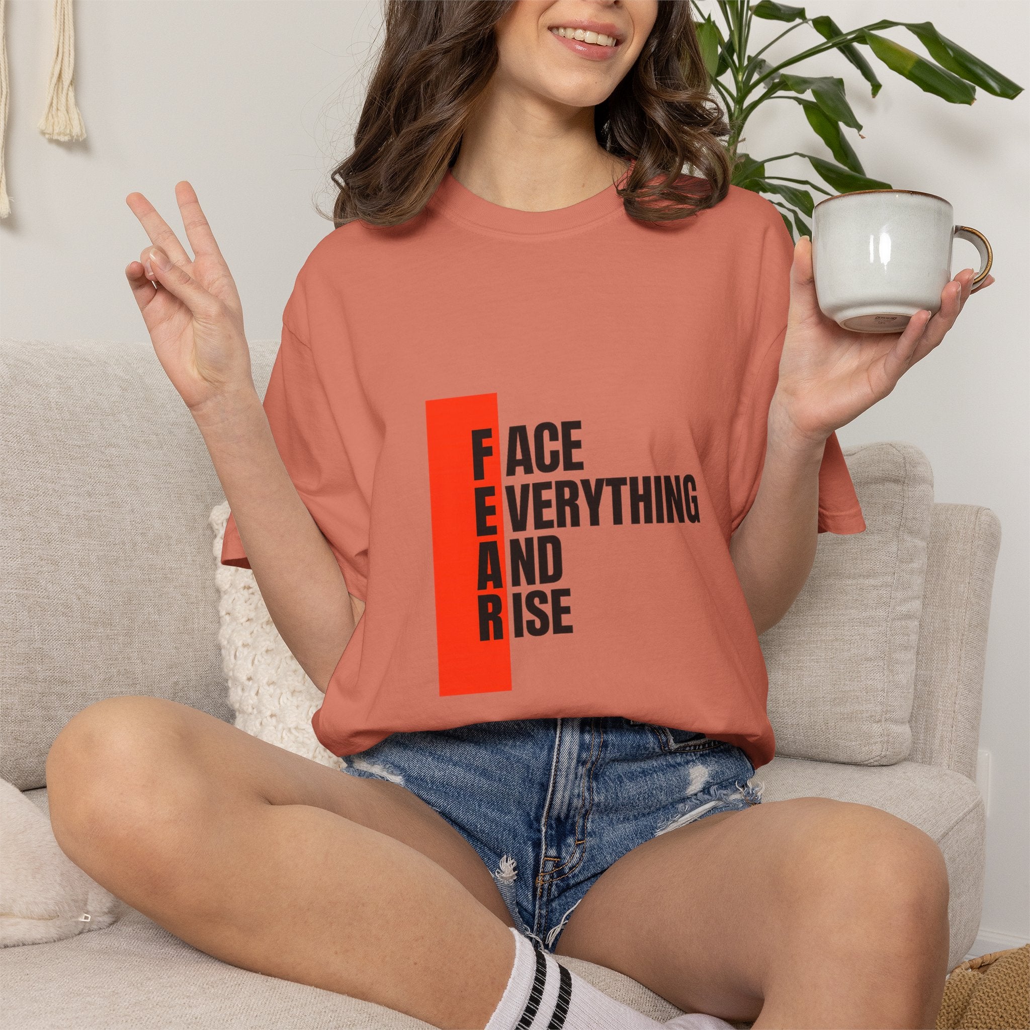 Motivational T-Shirt — "FEAR: Face Everything And Rise" Bold Red Accent