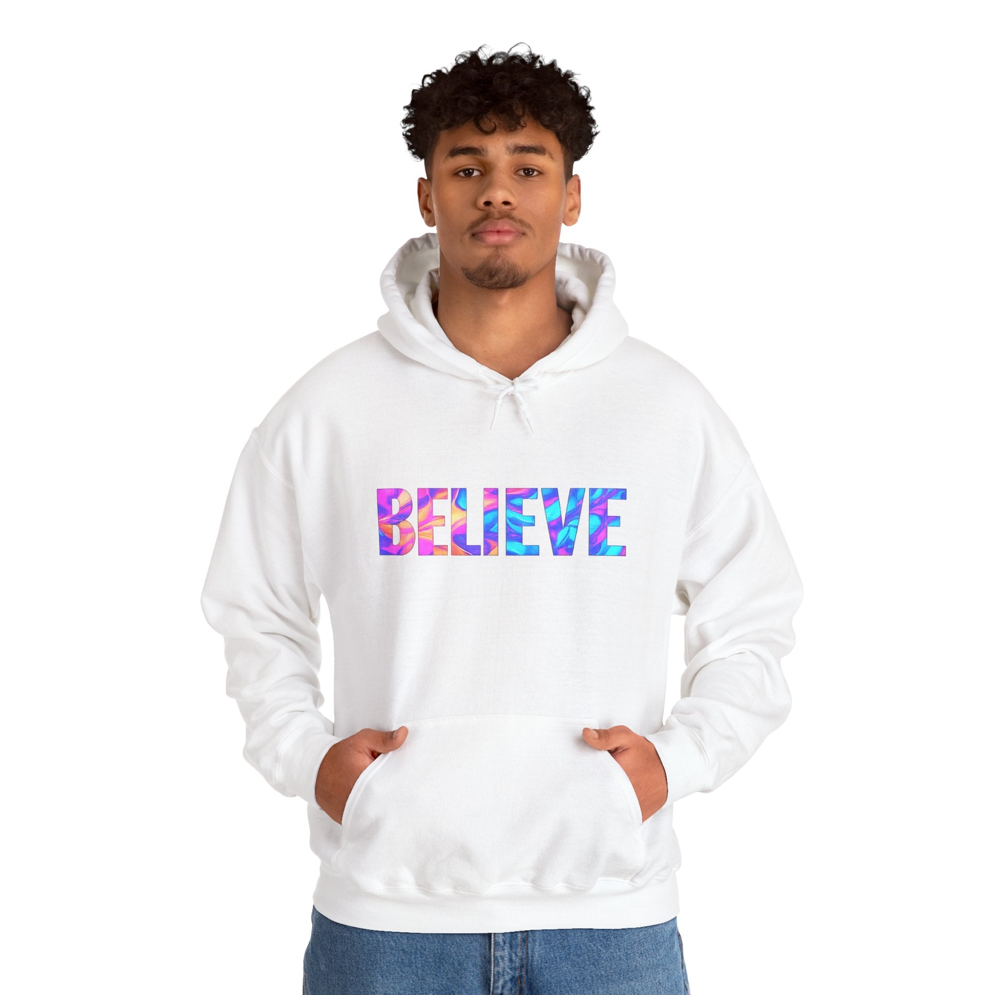 Believe in Yourself Hoodie — Colorful Watercolor Text Inspirational Sweatshirt