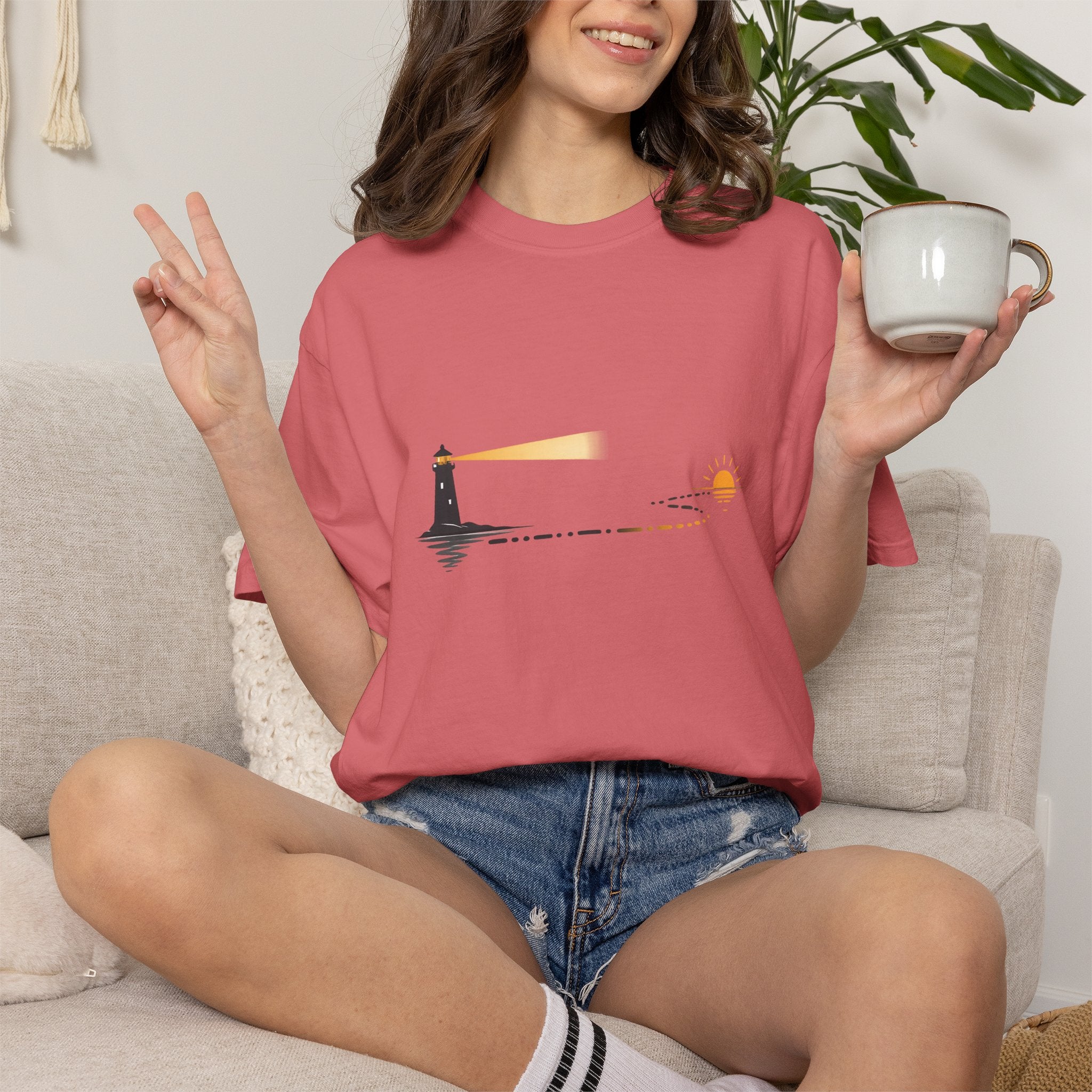 Lighthouse Sunset T-Shirt — Nautical Coastal Tee with Beacon Graphic