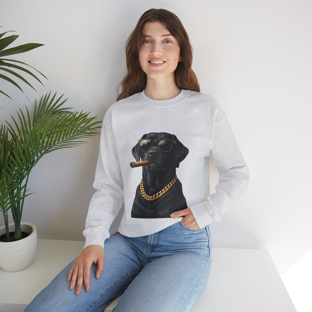 Cool Black Lab Crewneck Sweatshirt — Dog with Cigar & Gold Chain Graphic