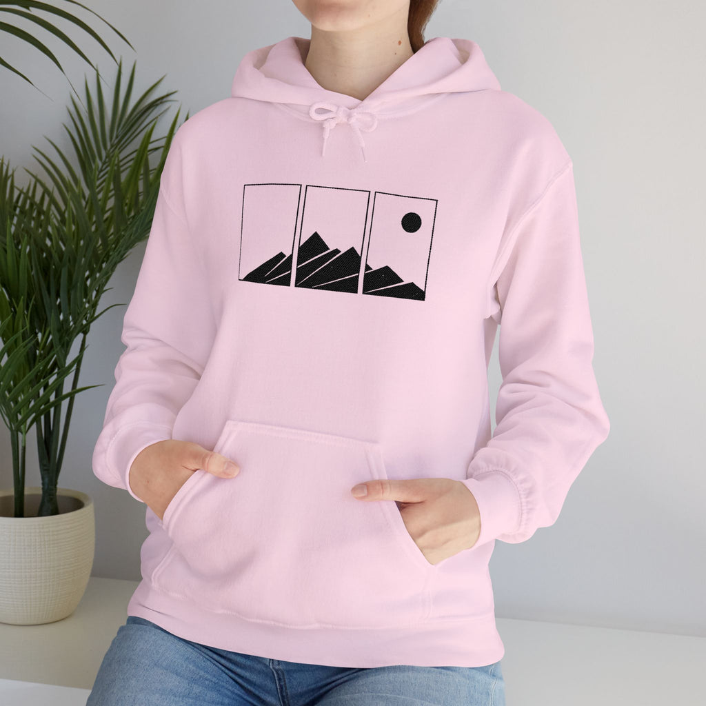 Mountain Triptych Hoodie — Minimalist Scenic Graphic Pullover Embroidered