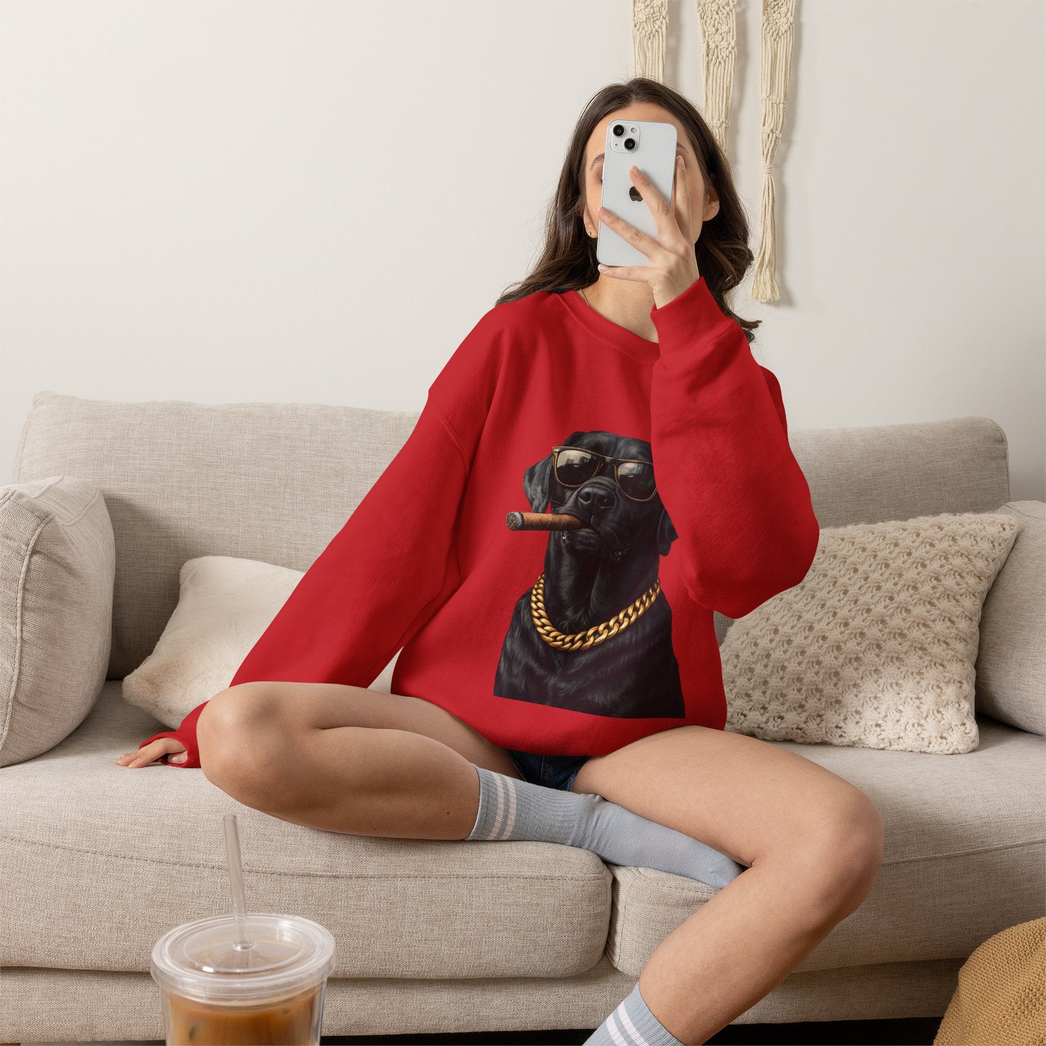 Cool Black Lab Crewneck Sweatshirt — Dog with Cigar & Gold Chain Graphic