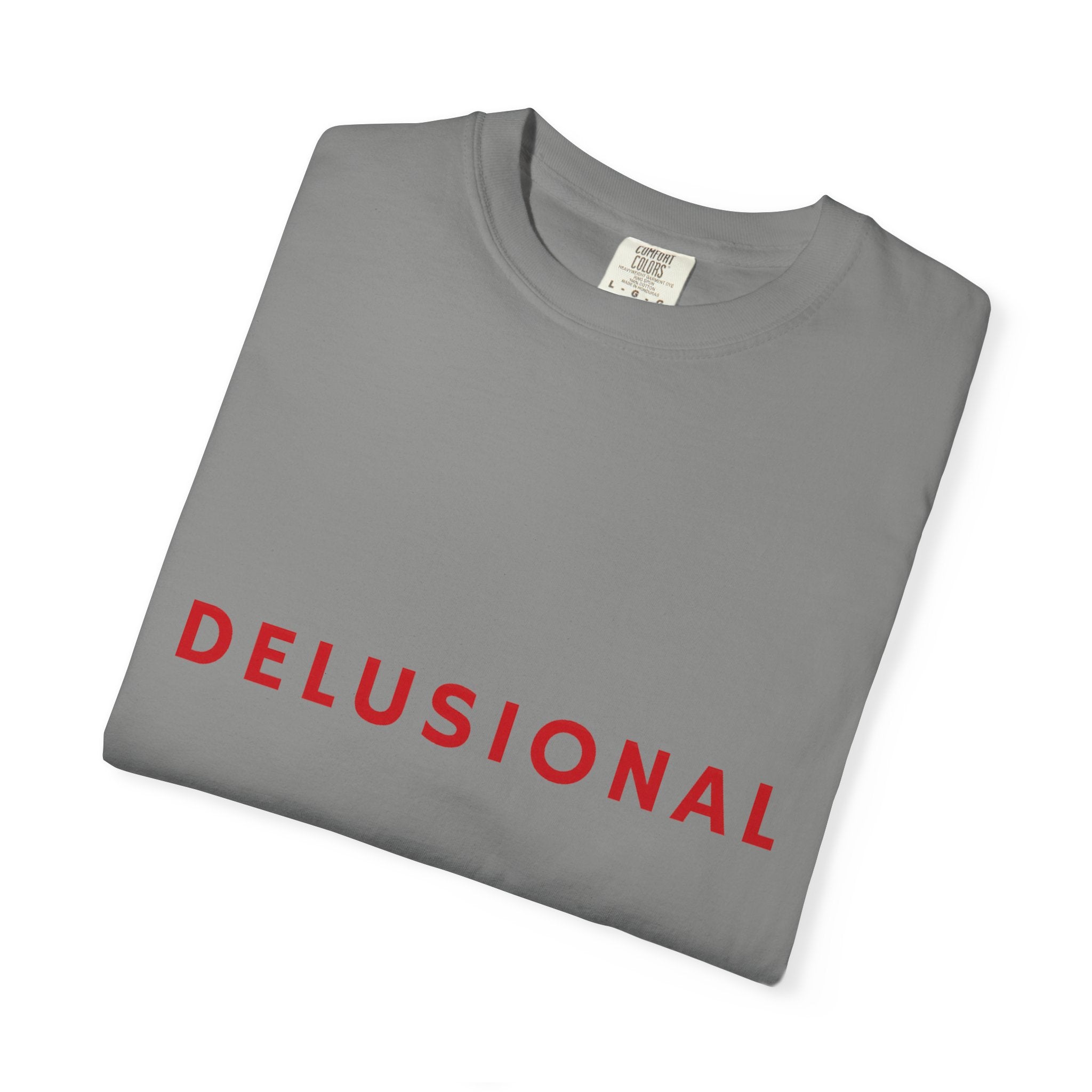 Delusional Graphic T-Shirt — Minimalist Red Text Tee